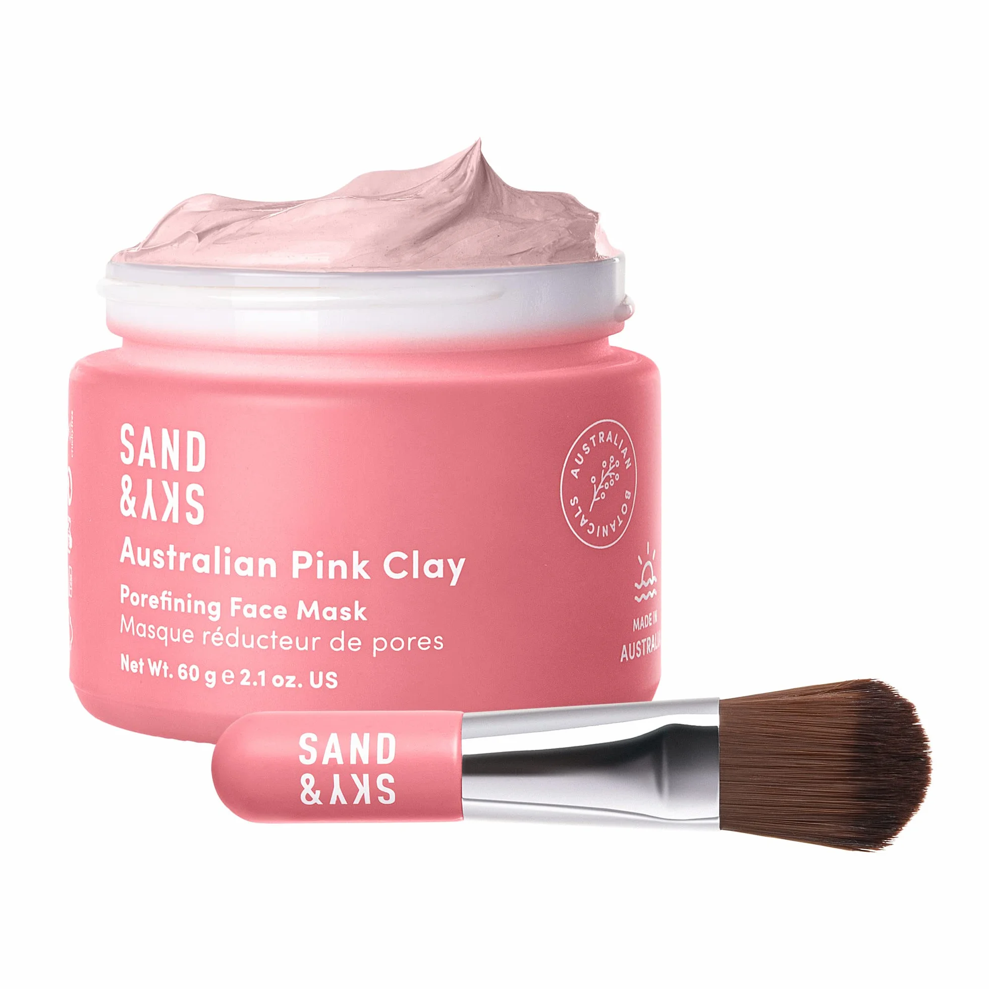 Sand & Sky Masque Visage Porefining à l'argile rose australienne Soin de la peau| Minimiseur de pores et nettoyant pour pores avec applicateur de brosse pour masque facial