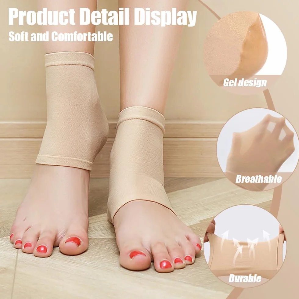 Chaussettes Hydratantes à Talons en Gel Réutilisables pour Peaux Sèches et Craquelées - 4 Paires (Couleur de Peau, Noir)