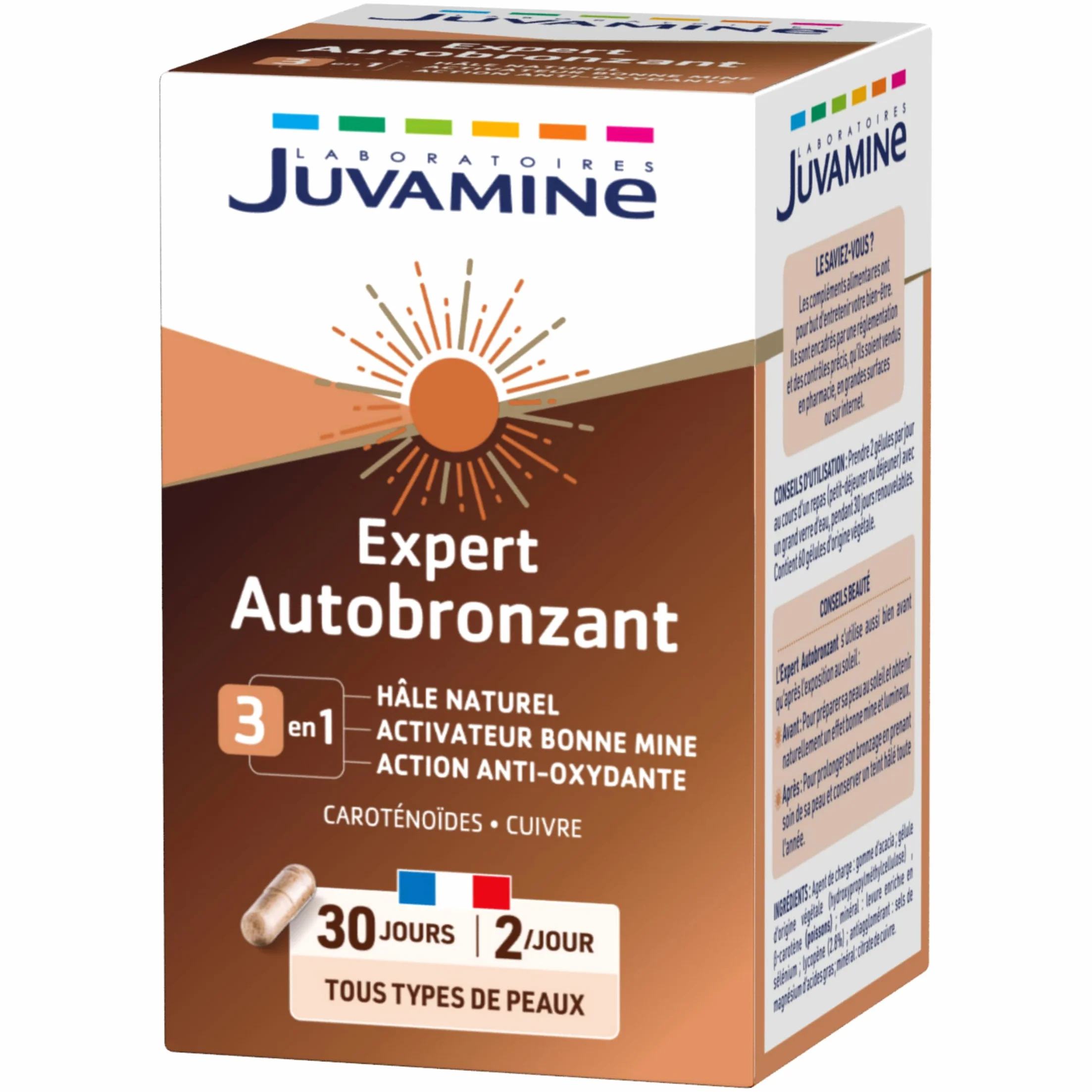 JUVAMINE Expert Autobronzant 3 en 1, 60 gélules, Programme 30 jours, Fabriqué en France