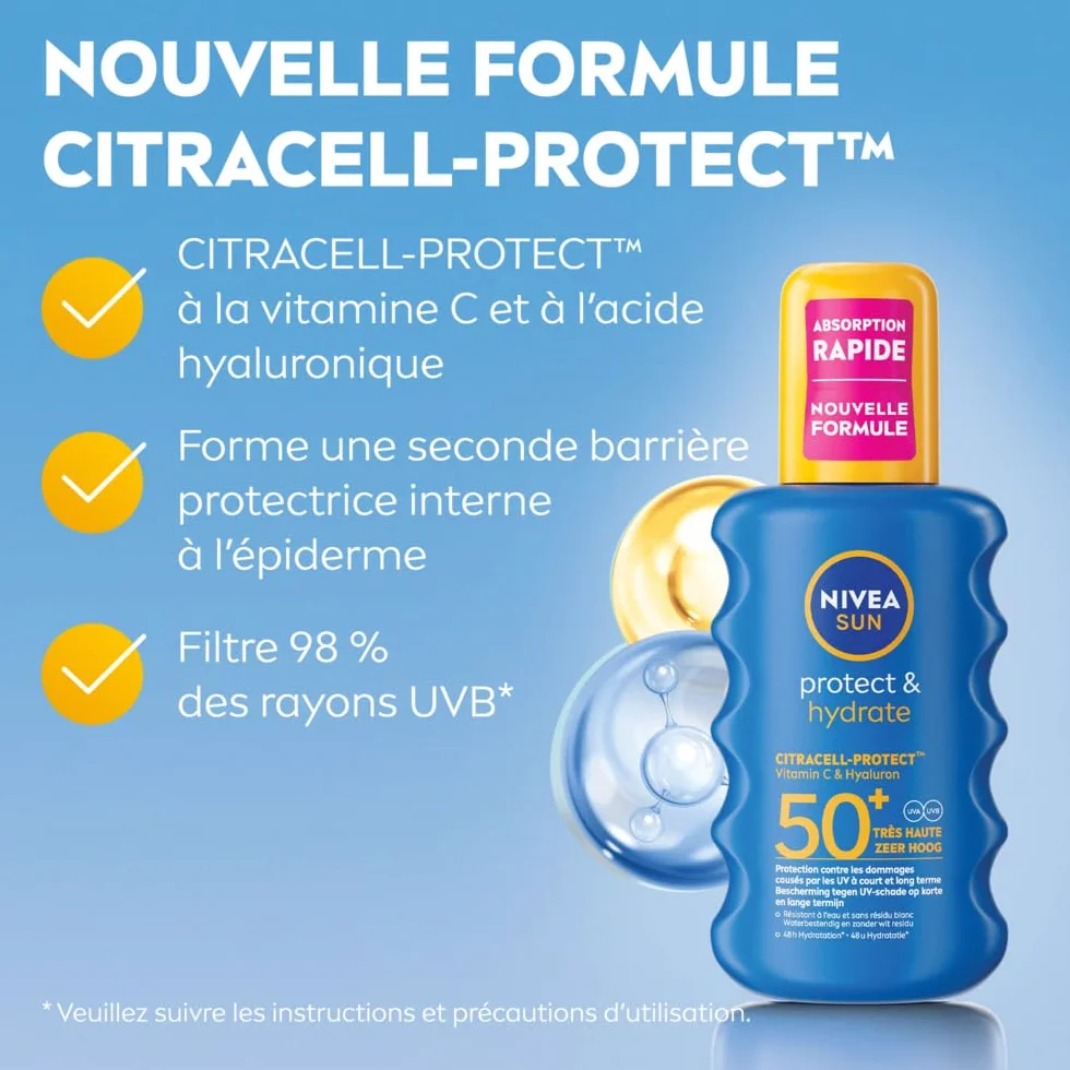 NIVEA SUN Spray Solaire Protect & Hydrate SPF 50+ 200 ml Protection Solaire Haute Protection Visage Corps