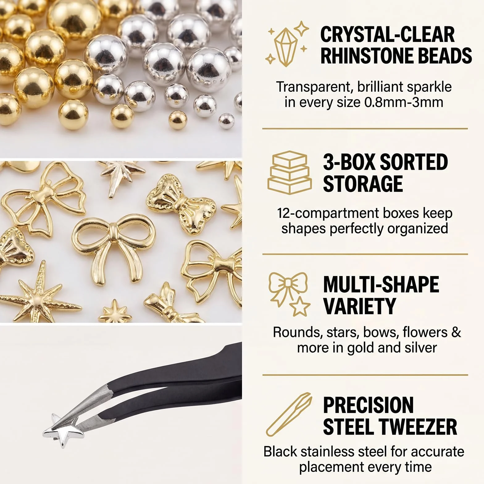 Lot de 3 boîtes de breloques à ongles dorées et argentées - Accessoires nail art avec pince à épiler
