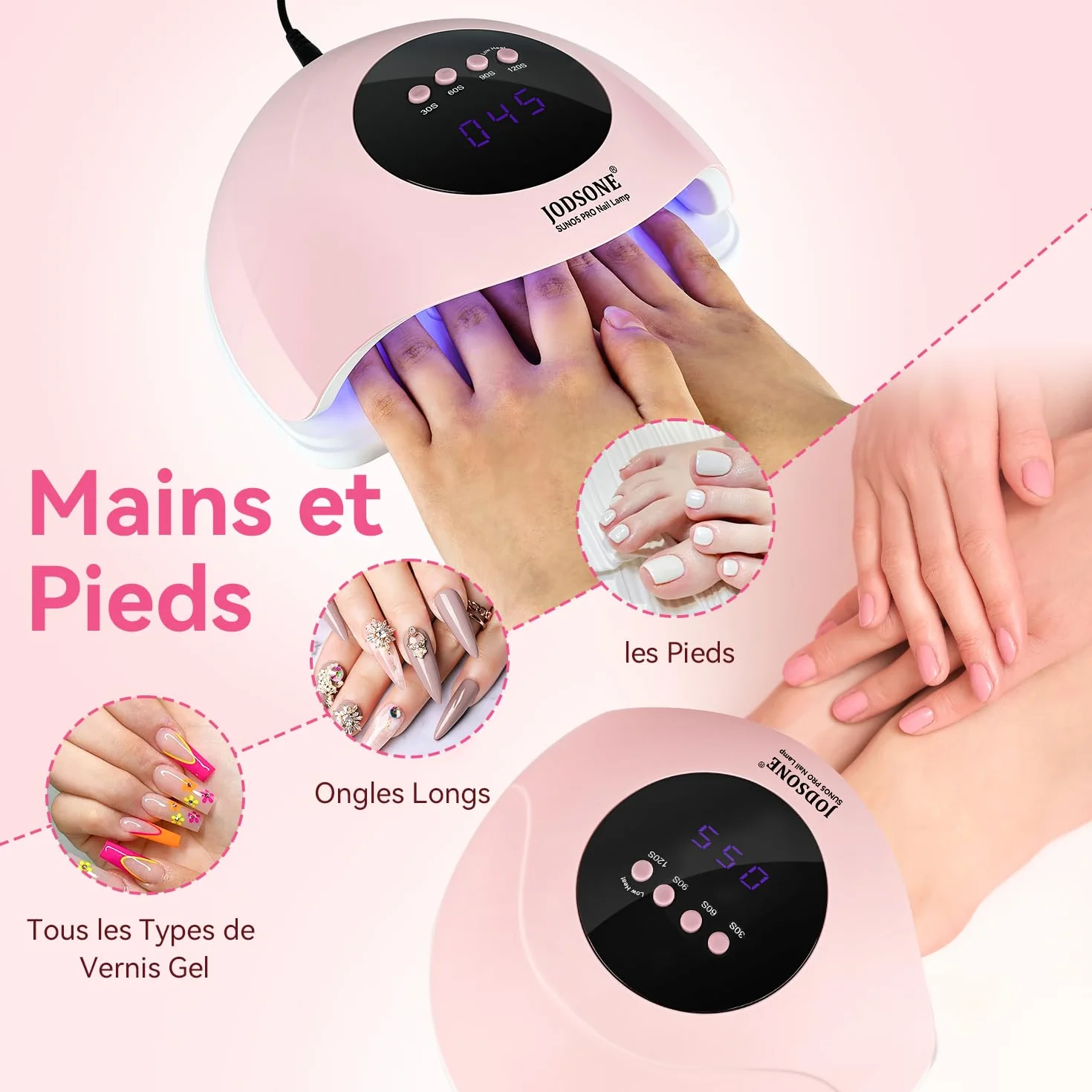 JODSONE Lampe UV Ongles Gel, Lampe à Ongles UV/LED Double Source Lumineuse avec 4 Minuteries et Capteur Automatique, Séchage Rapide du Vernis Gel-Rose
