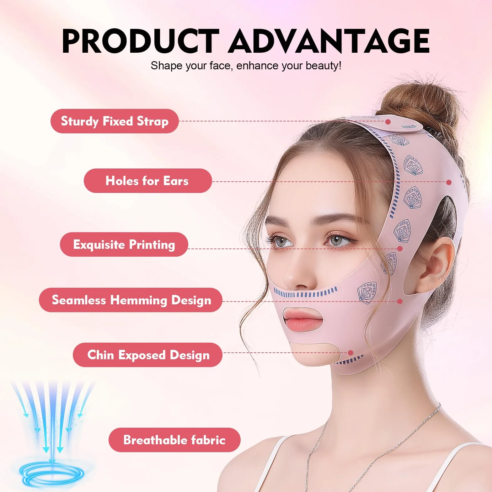 Masque Visage Réutilisable en V, Gaine Amincissante Double Menton, Lifting Visage Raffermissement, Rose