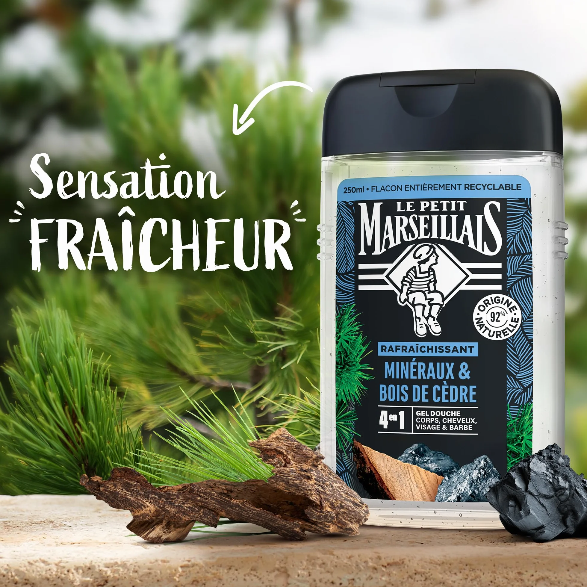 Le Petit Marseillais Gel Douche Homme Minéraux & Bois de Cèdre 250 ml 4 en 1 Corps Cheveux Visage Barbe 92% Ingrédients Naturelle pH Neutre