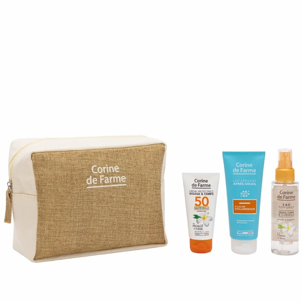 Trousse Essentiels Solaires Voyage Corine de Farme SPF 50 Crème Visage 50 ml, Eau Parfumée des Îles 100 ml, Lait Après-Soleil Acide Hyaluronique 100 ml