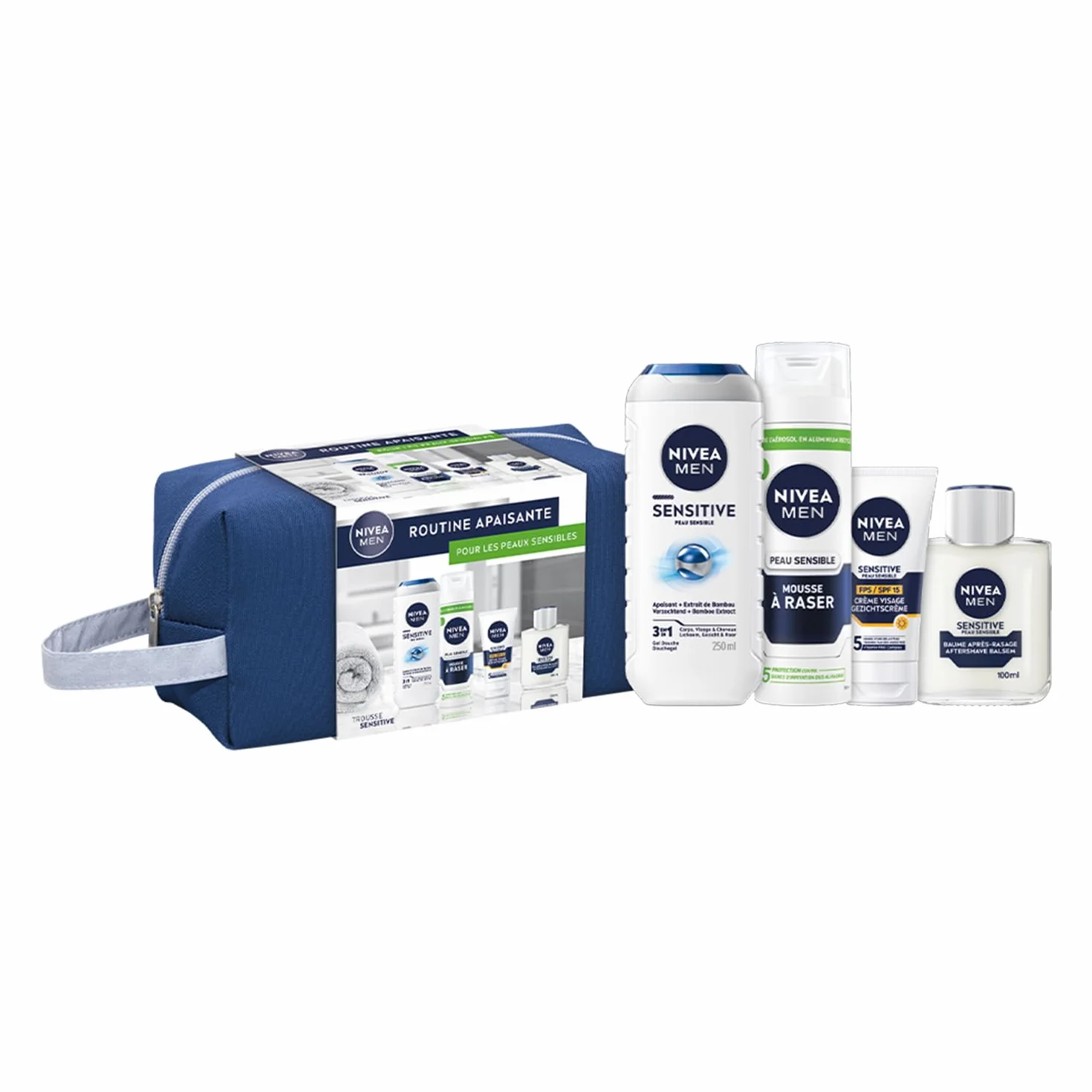 NIVEA MEN Gel Douche 3-en-1 250 ml + Mousse À Raser 200 ml + Baume Après-Rasage 100 ml + Crème Visage FPS 15 75 ml Routine Apaisante Corps & Visage Peaux Sensibles
