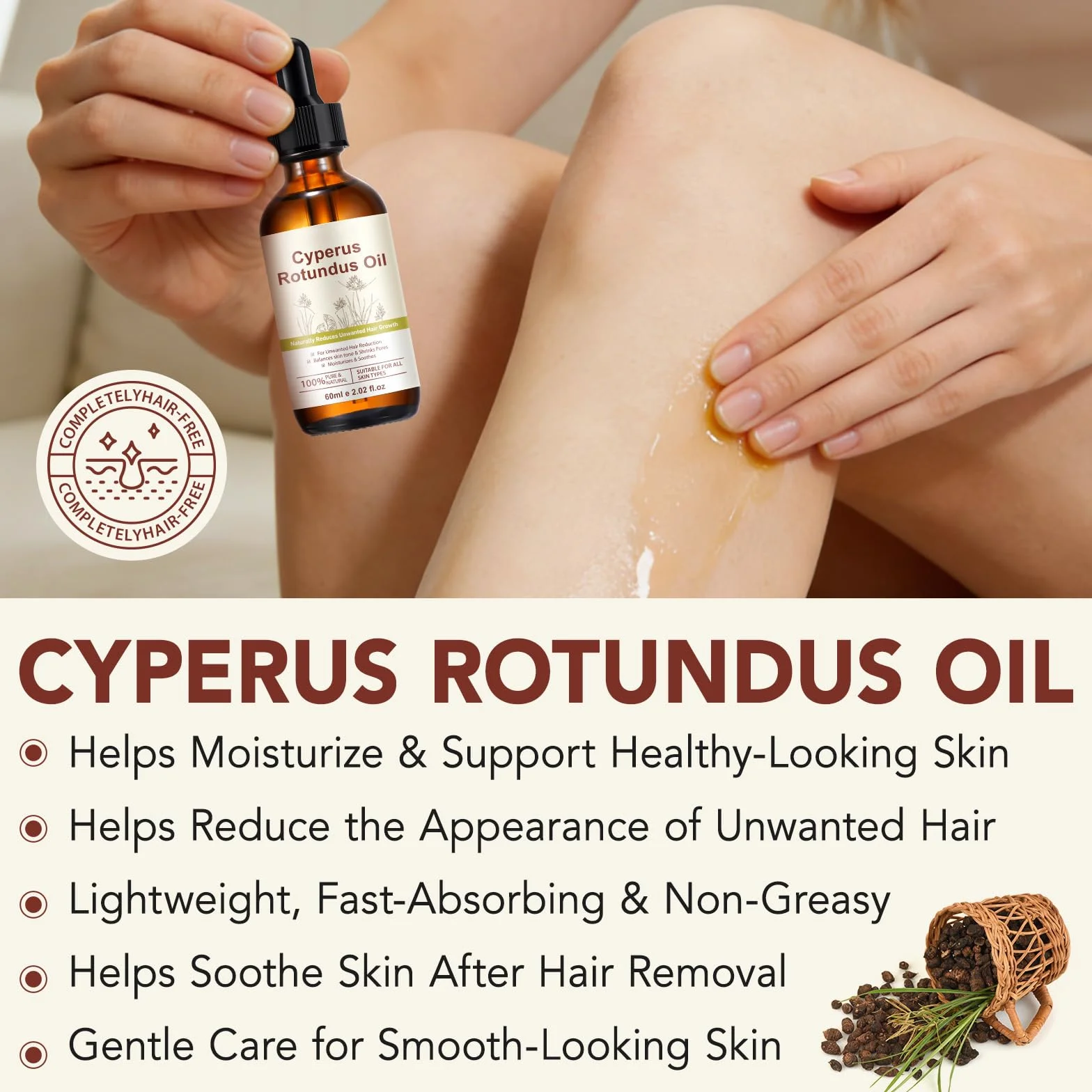 Huile Cyperus Rotundus Naturelle pour Épilation, Réduit la Croissance des Poils, Resserre les Pores, Hydrate la Peau (1 Pièce)