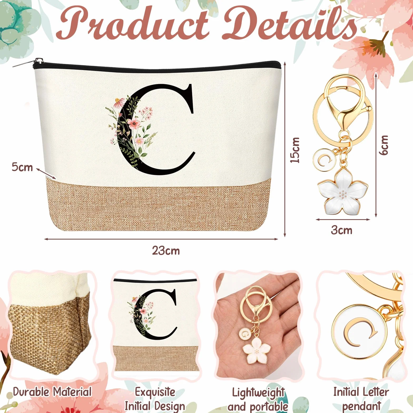 Lot de 3 Cadeaux pour Femmes Maman avec Initiale Florale Trousse de Maquillage Porte-Clés Stylo à Bille Anniversaire (Lettre C, Blanc, Bois)