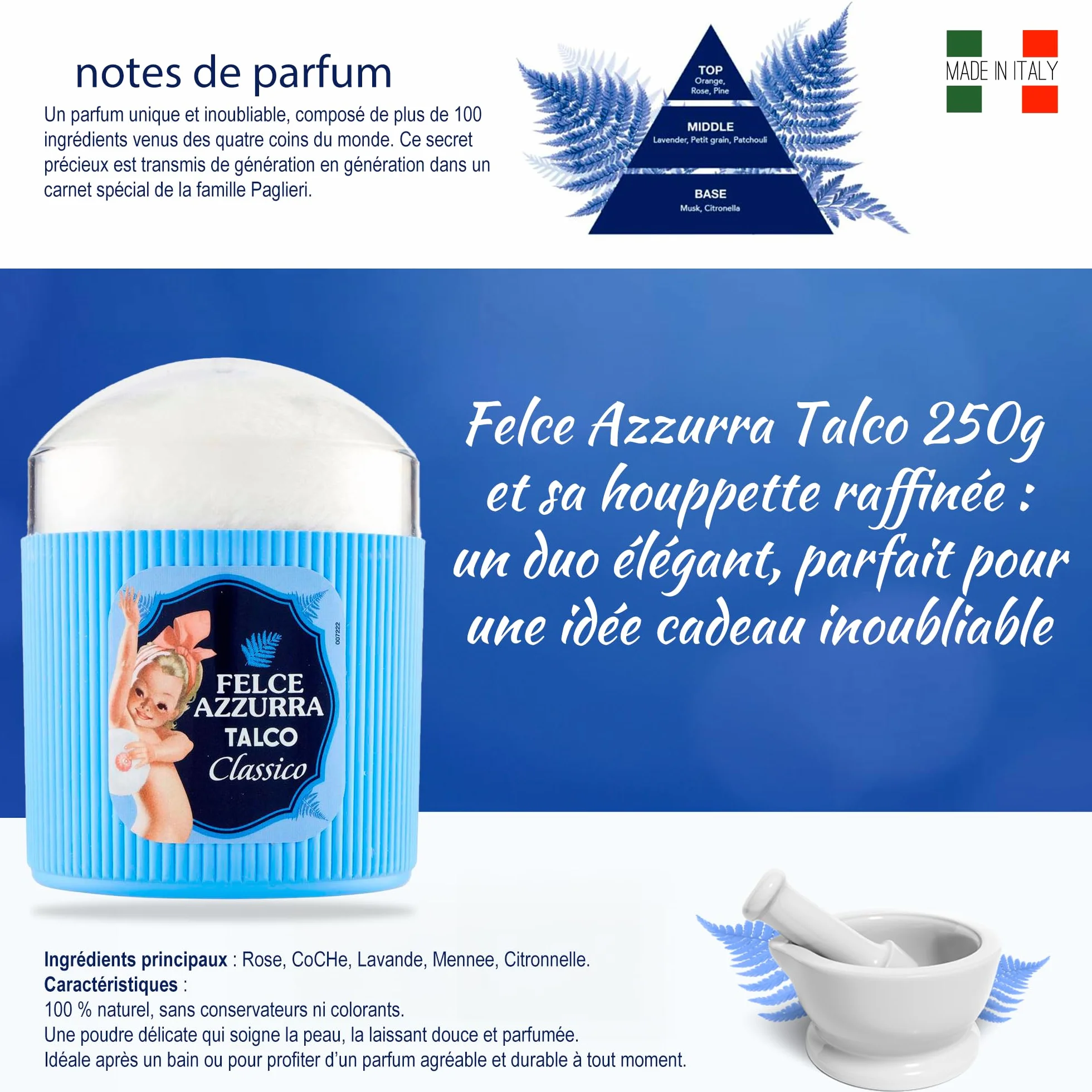 FELCE AZZURRA Talc Parfumé 250g avec Houppette Soins de Peau Douceur
