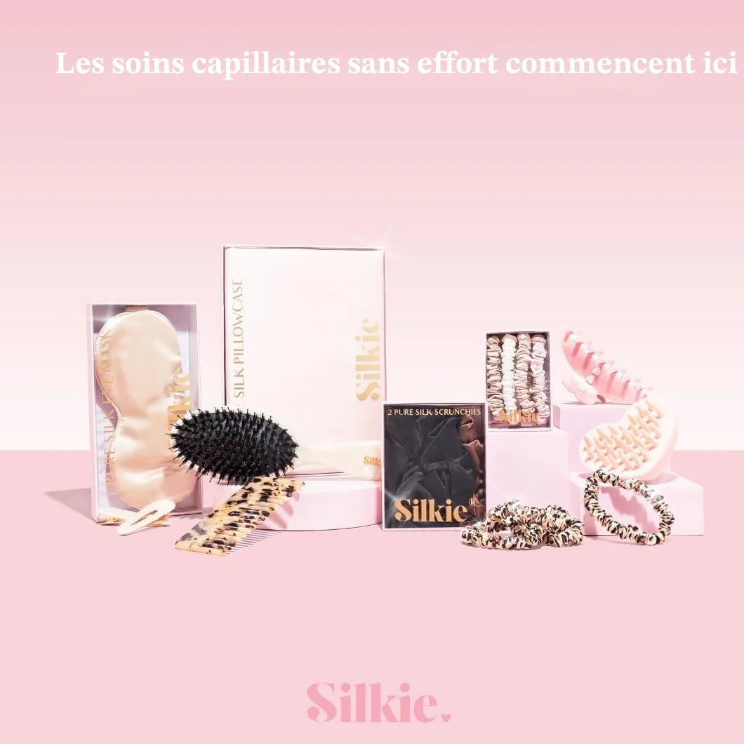 SILKIE Skinny Scrunchies Lot de 4 chouchous élastiques doux pour cheveux anti-casse en 100% pure soie de murier idéal pour tous cheveux bouclés raides épais fin avec pochette de voyage (Truffle)