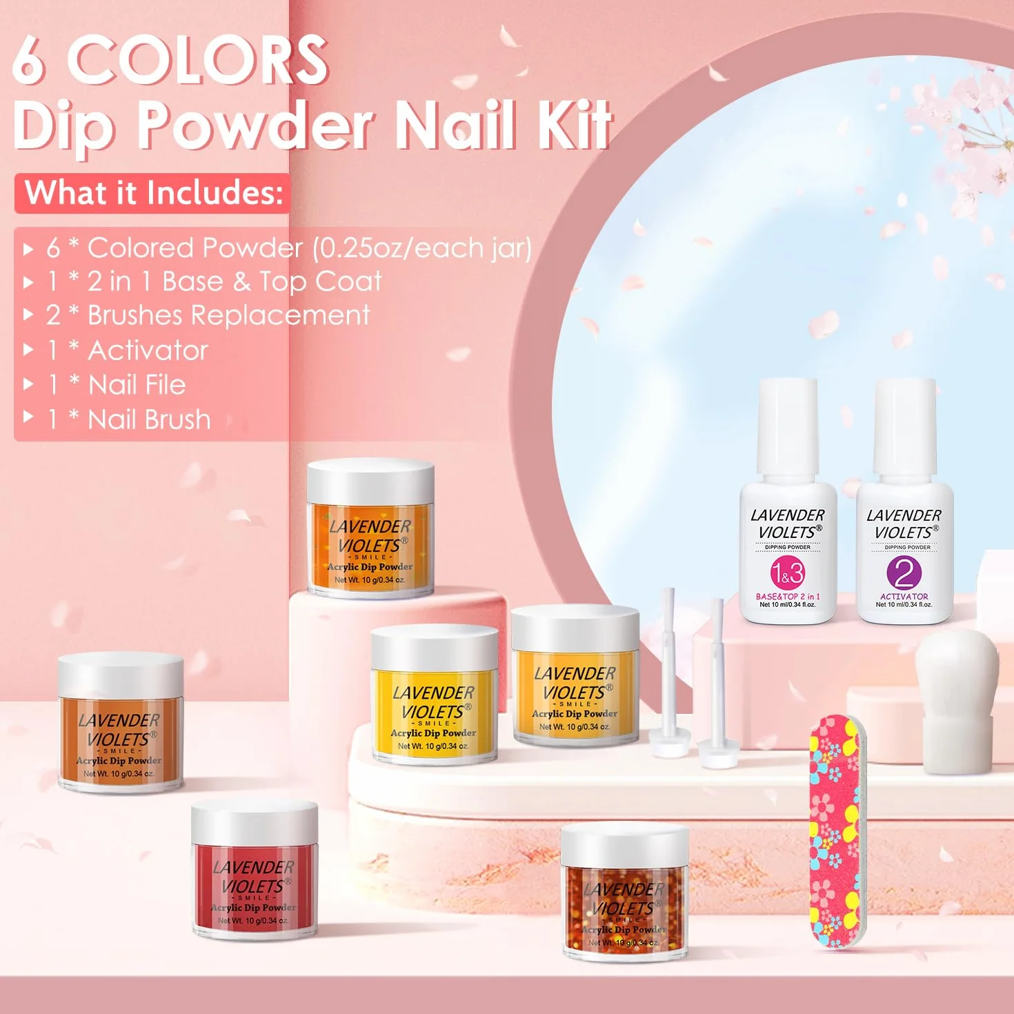 Lavender Violets 6 Couleurs Acrylique Trempage Poudre Système French Nail Art Manucure 2 En 1 Base Activateur Vernis Finition Brosse Lime