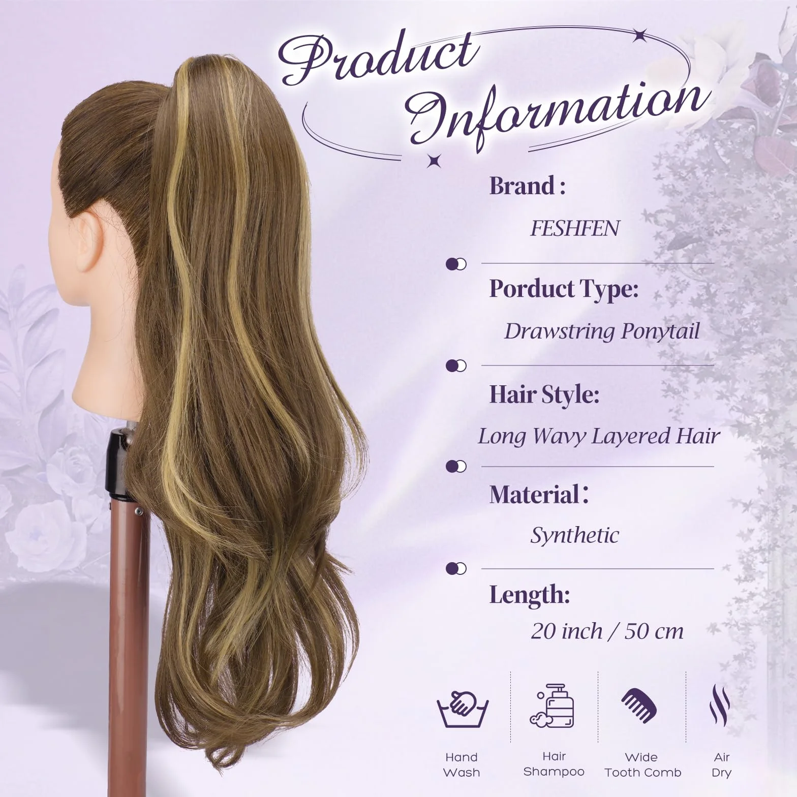 FESHFEN Extension Queue de Cheval avec Cordon, Naturel Ponytail Extensions de Cheveux Ondulées Synthétiques Blond Miel Mélangé Brun Clair Postiche Bouclés pour Femmese, 50 cm