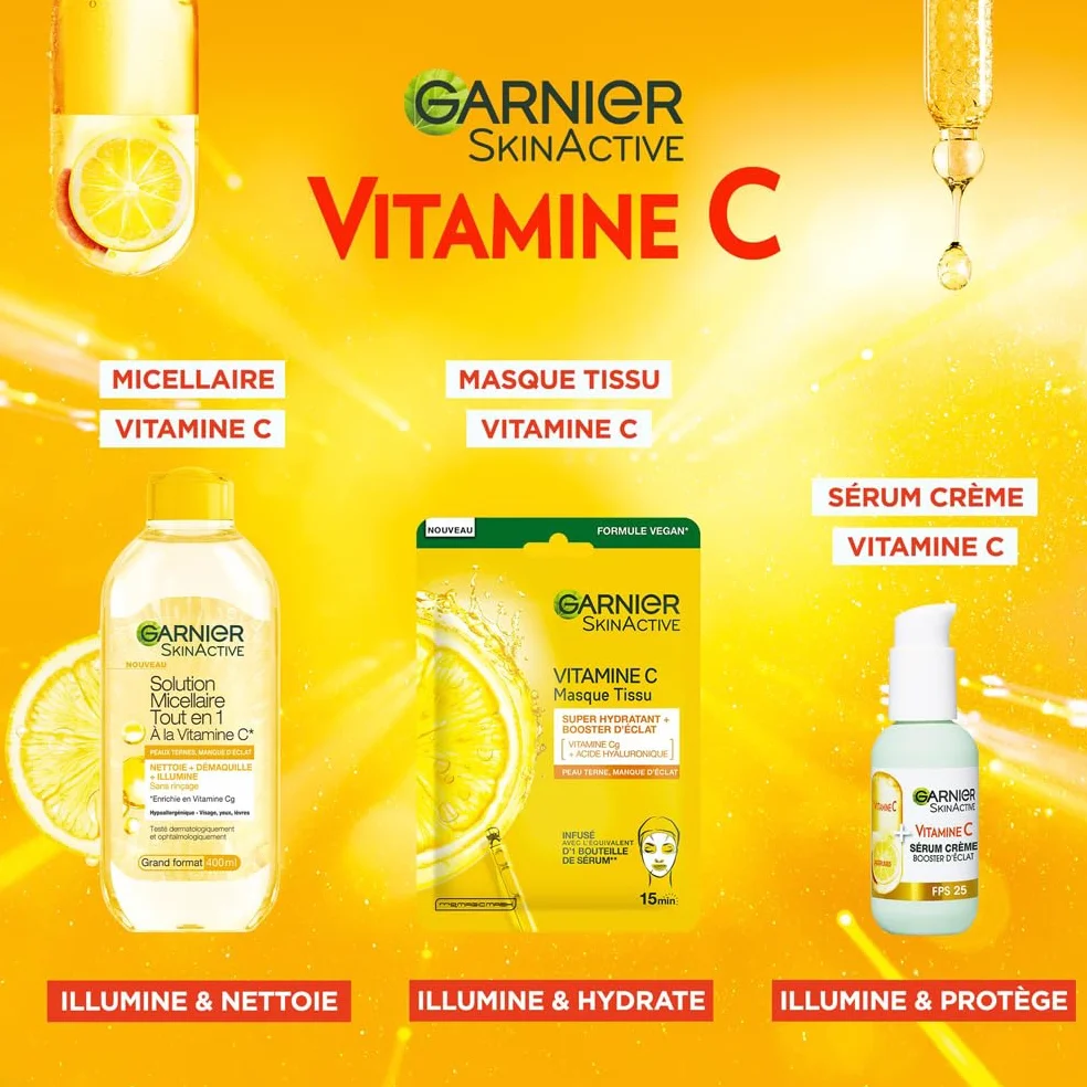 Garnier - Coffret Routine Eclat 3 Produits - Enrichie en Vitamine C - Pour les Peaux Ternes - Sérum Crème Visage (50 ml), Masque Tissu Hydratant, Eau Micellaire Tout en 1 (400 ml)