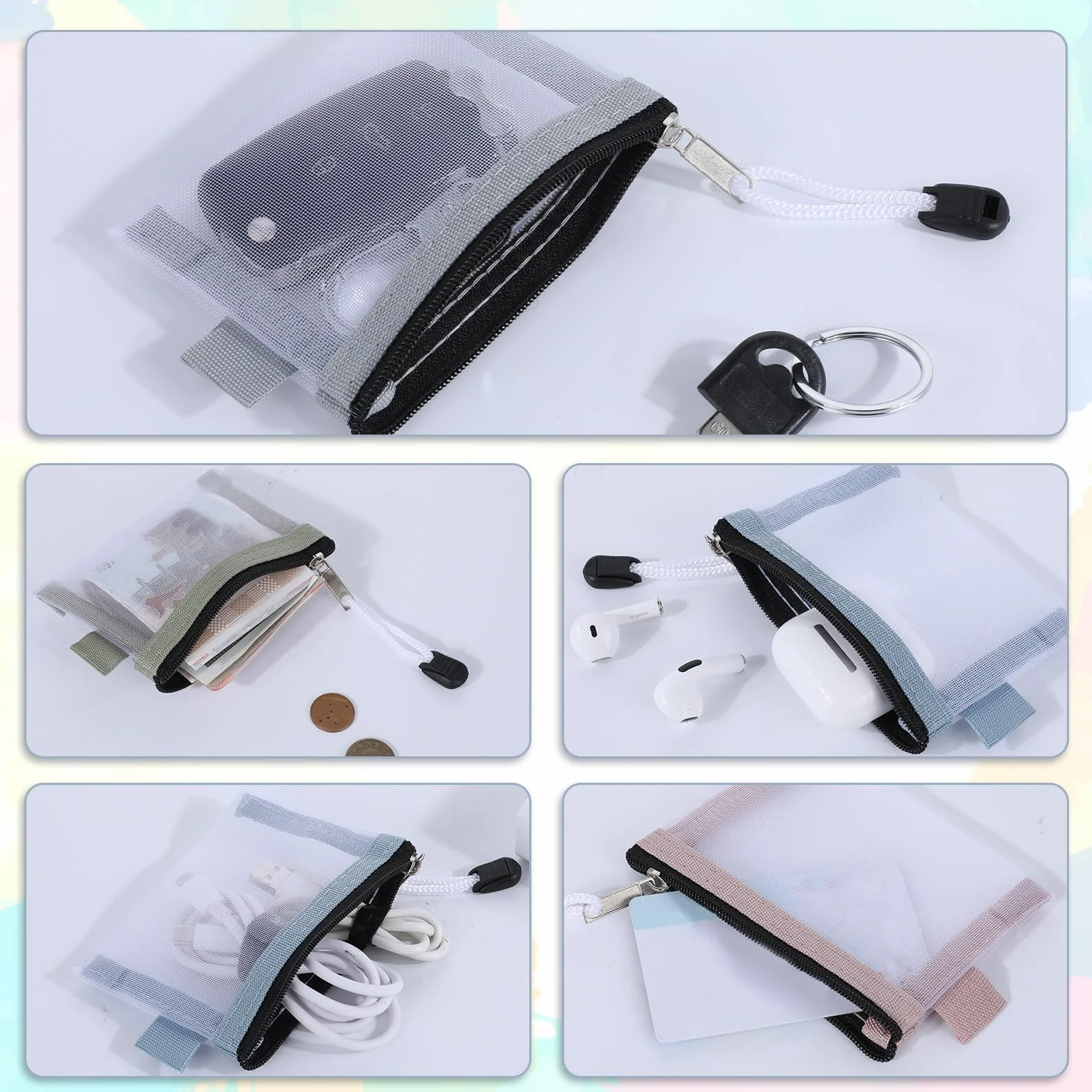Lot de 5 pochettes avec fermeture éclair - Trousse de voyage pour articles de toilette