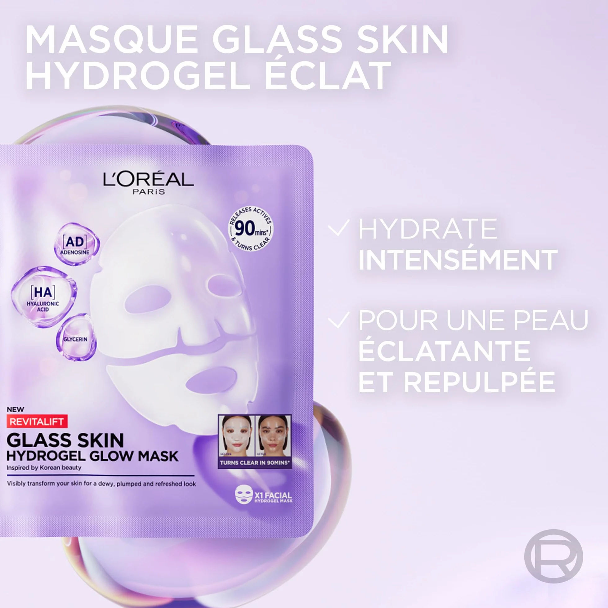 L'Oréal Paris Revitalift Filler Glass Skin Masque Visage Hydrogel Éclat Hydratation Intense Acide Hyaluronique Lot de 4