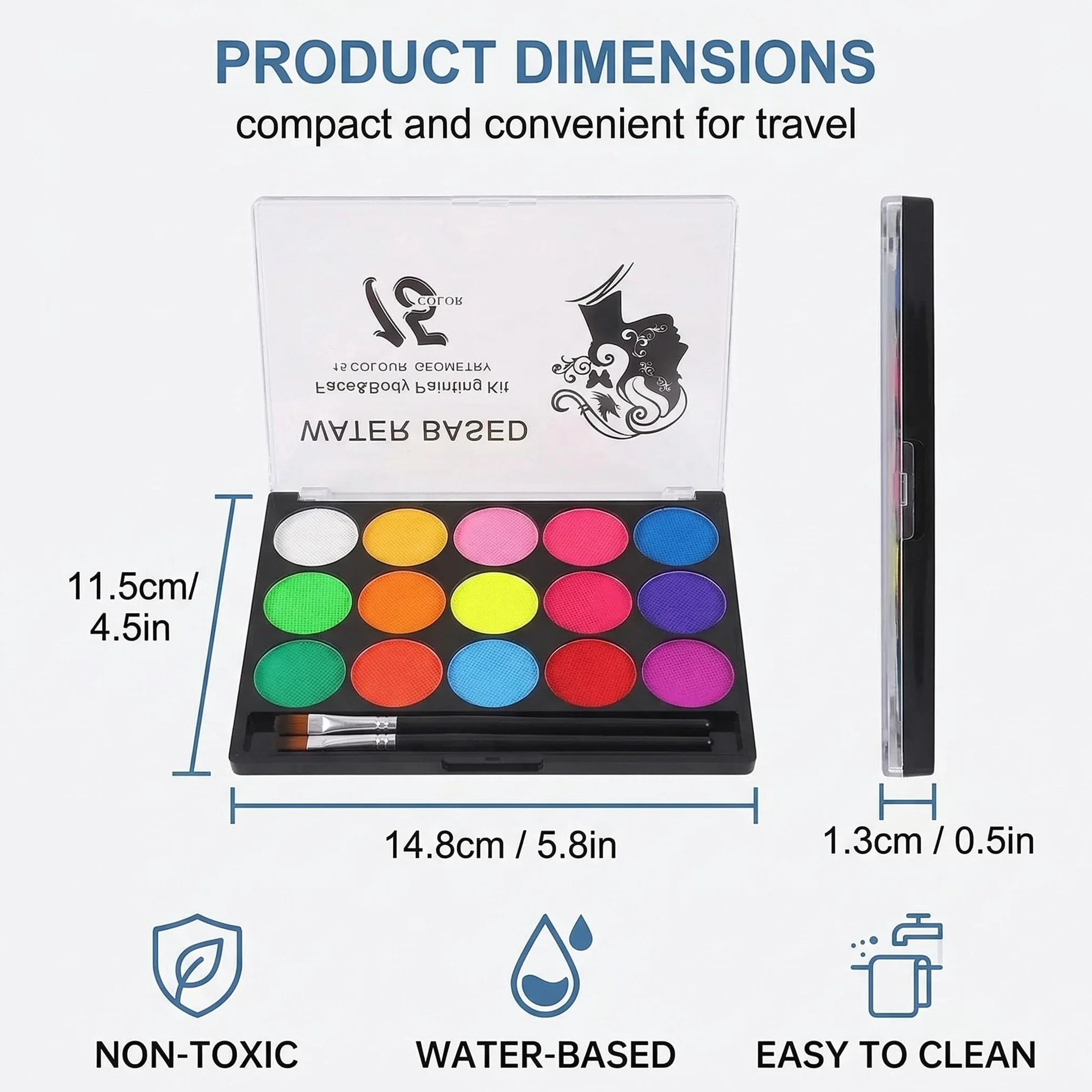 Set de Maquillage pour Enfants, 15 Couleurs, Palette Enfant Body Painting et Carnaval Visage, avec 2 Pinceaux Maquillages, pour Halloween, Noël, Carnaval, Soirées à Thème, Fête d'anniversaire