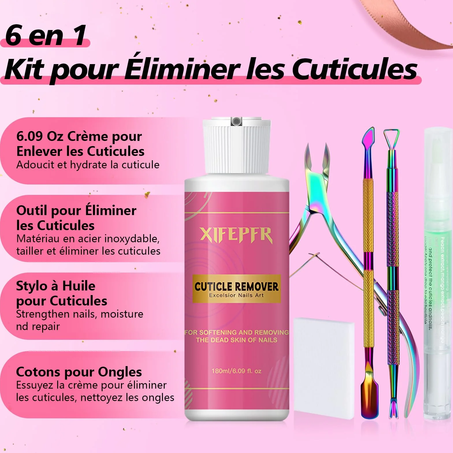 Kit de Cuticle Remover 180ml Crème Remover de Cuticules, Coupe Cuticule, Pince Cuticule, Repousse-Cuticules, Stylo à Huile pour Cuticules et Tampons de Coton, Pour Soins Manucure Pro et DIY