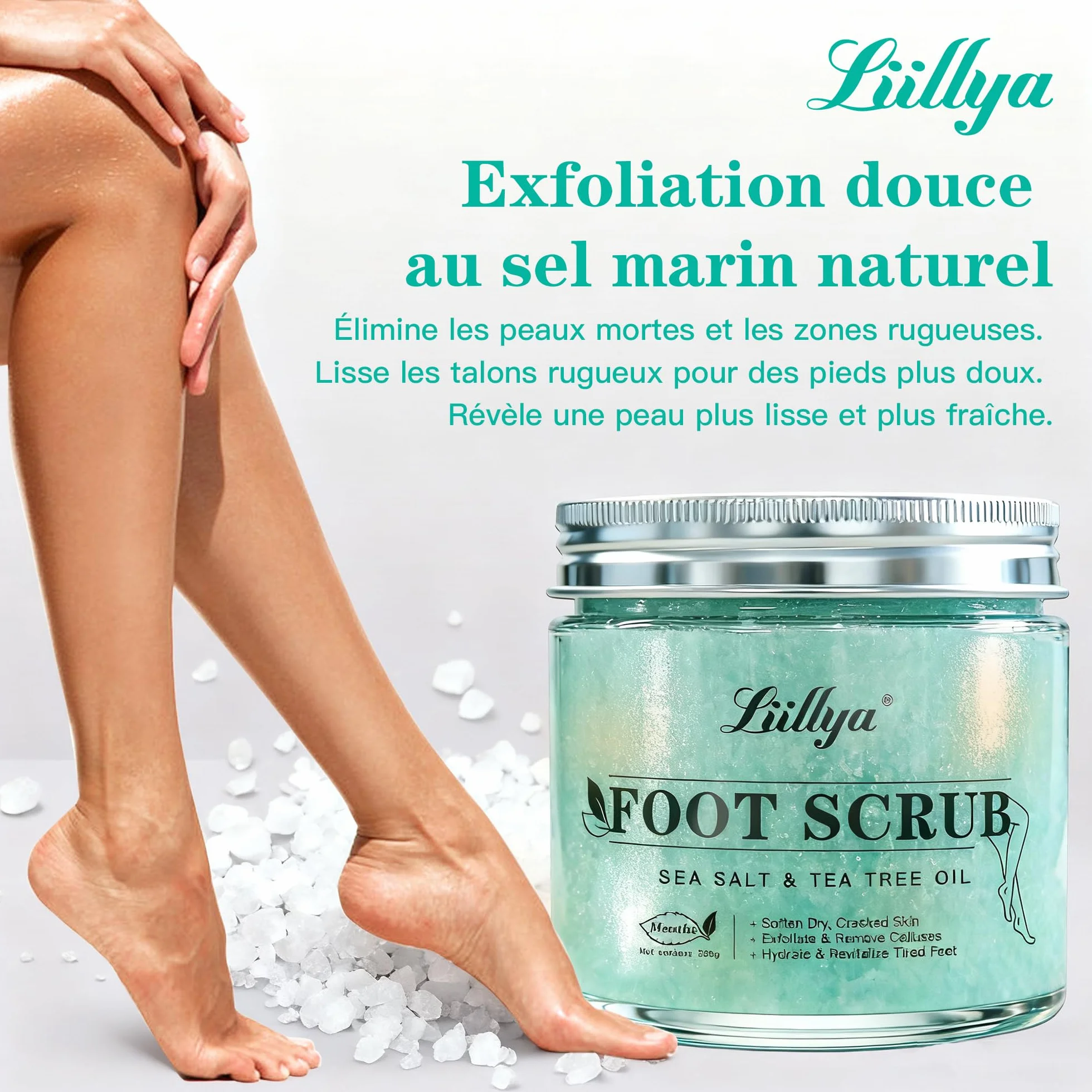 Gommage Corps & Pieds Naturel au Sel Marin, Arbre à Thé & Menthe Poivrée – Exfoliant Hydratant pour Peau Sèche, Talons & Callosités, 300g