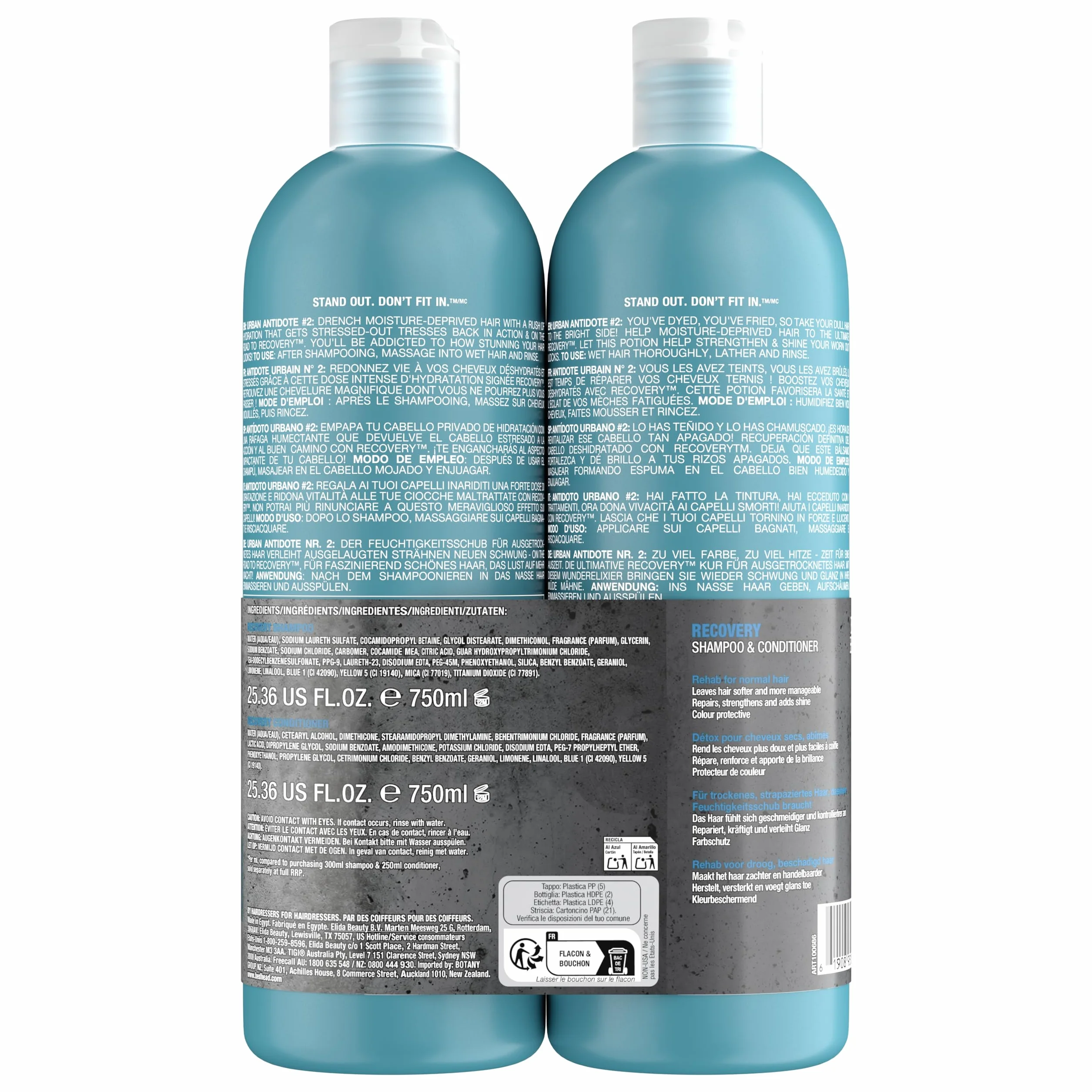 Bed Head by TIGI Recovery Shampoo & Conditioner Set, duo shampoing et après-shampoing hydratant 2 x 750 ml pour cheveux secs et abîmés, soin anti-frisottis et protection couleur