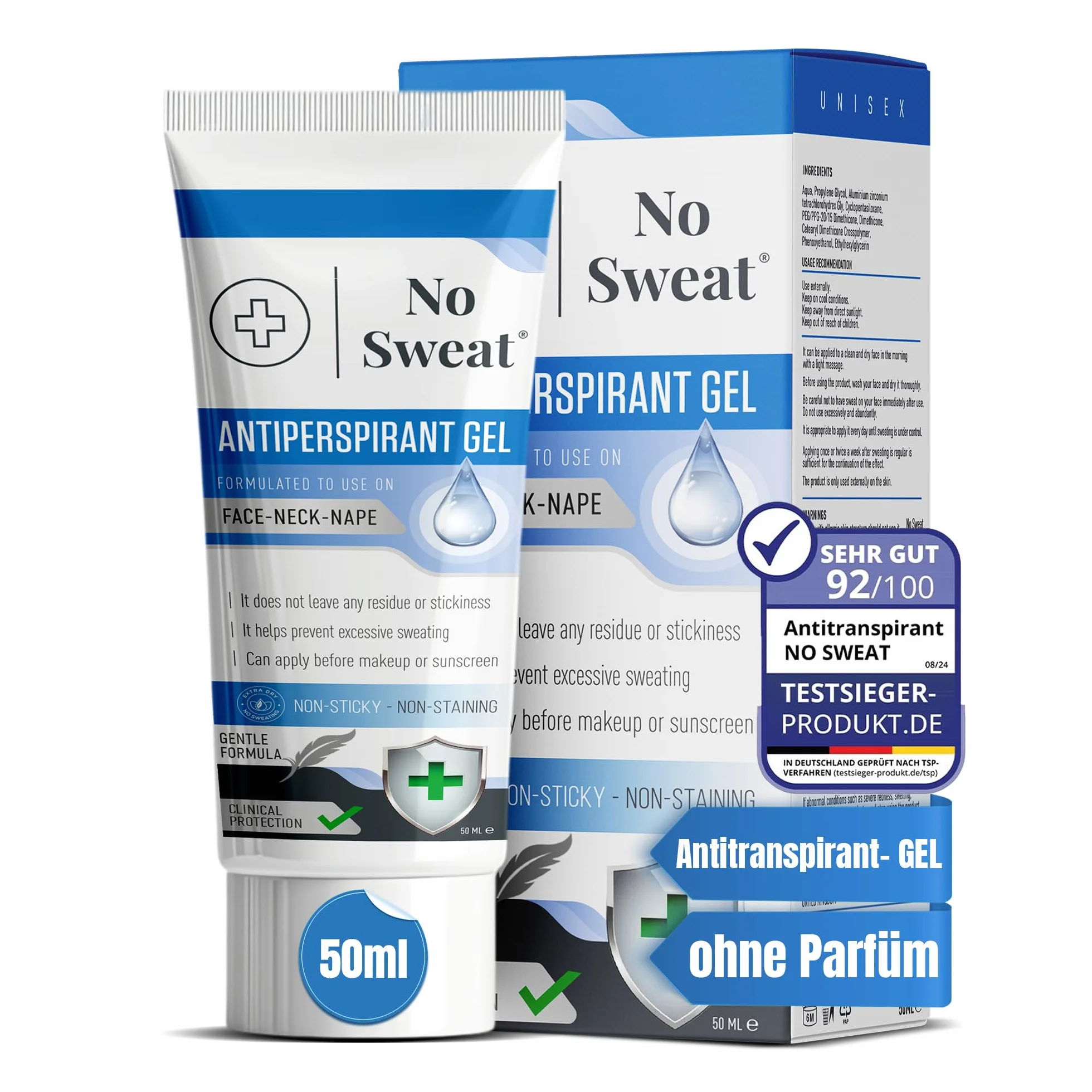 No Sweat Gel Anti-Transpirant 50 ml - Pour le Visage, le Cou et la Nuque - Prévient l'Excès de Transpiration et la Brillance - Idéal pour le Travail Actif