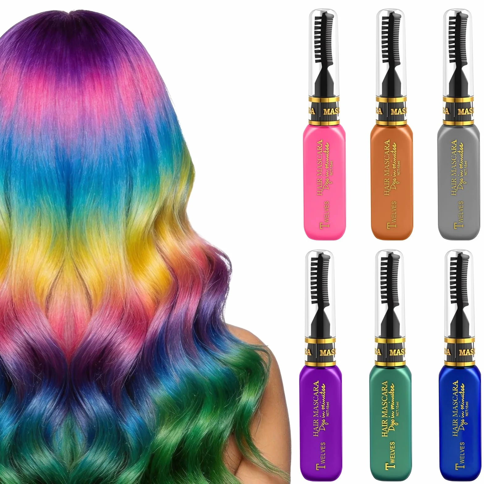 Craie Cheveux Colorées Lot de 6, Mascara Lavable pour Cheveux, Teinture Temporaire