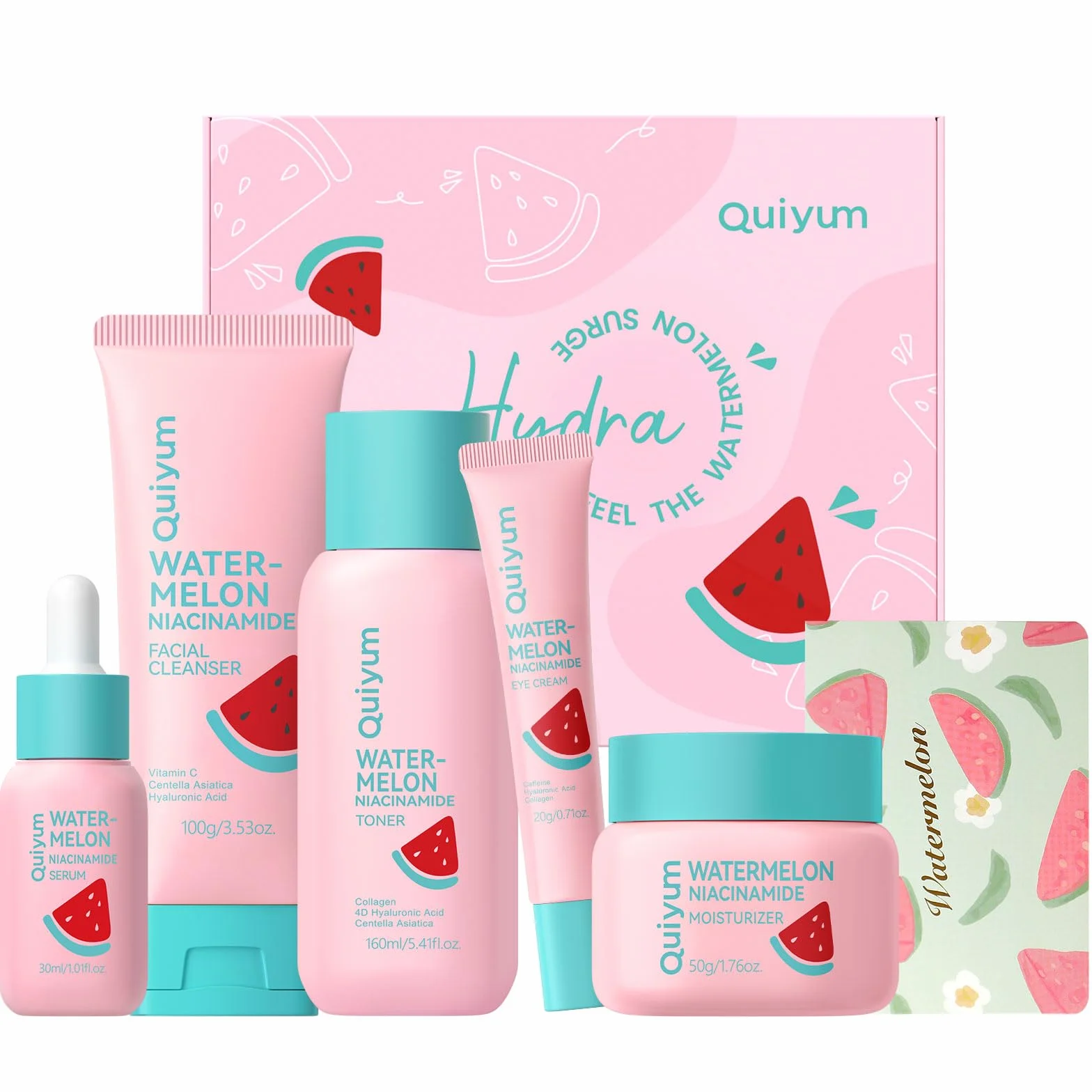 QUIYUM Coffret Soins Visage Pastèque et Niacinamide, Coffret Cadeau pour Adolescents et Femmes, Skincare Routine Hydratant Glow Up, Nettoyant, Tonique, Crème Contour des Yeux, Crème et Sérum