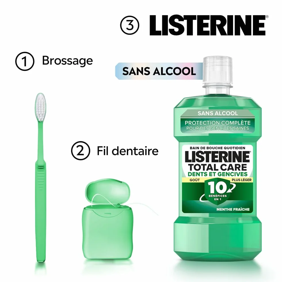 Listerine Bain de Bouche Total Care Dents et Gencives 0% Alcool 500 ml Soin bucco-dentaire 10 en 1 Haleine fraîche