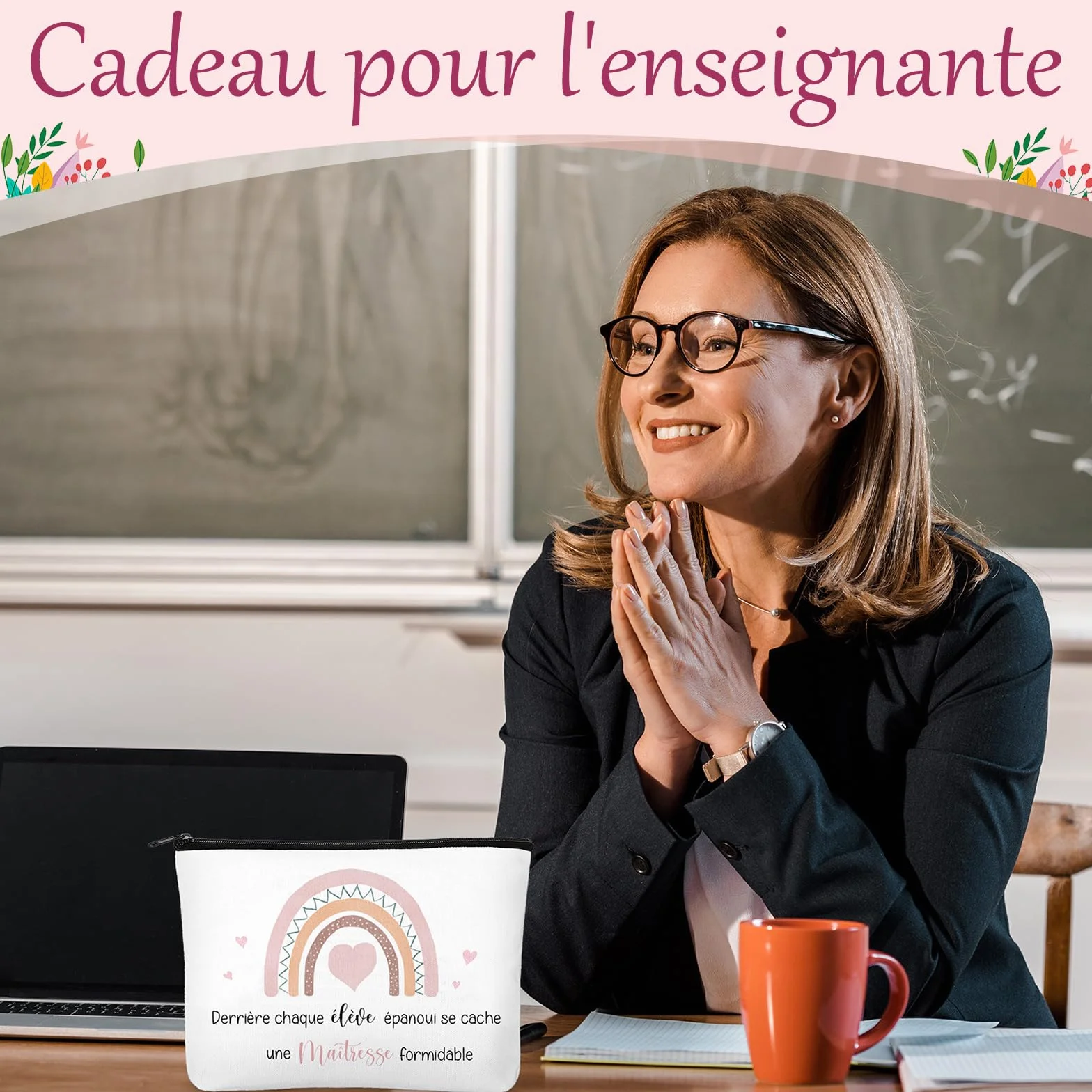 Hestya 3 Sets Cadeaux Merci pour Maîtresse d'École Trousse de Maquillage Enseignant Porte-Clés avec Gravure Pochette Cadeau de Remerciement Carte avec Enveloppe pour Professeur Fin d'Année Graduation