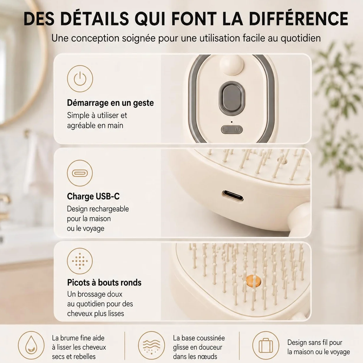 Peigne De Massage Electrique a Spray, Brosse Vapeur Cheveux 5 en 1 avec Brume Fine, Mode Lumière Rouge, Nettoyage Rétractable, Anti-Nœuds et Antistatique pour Cheveux Frisottés (Rose)
