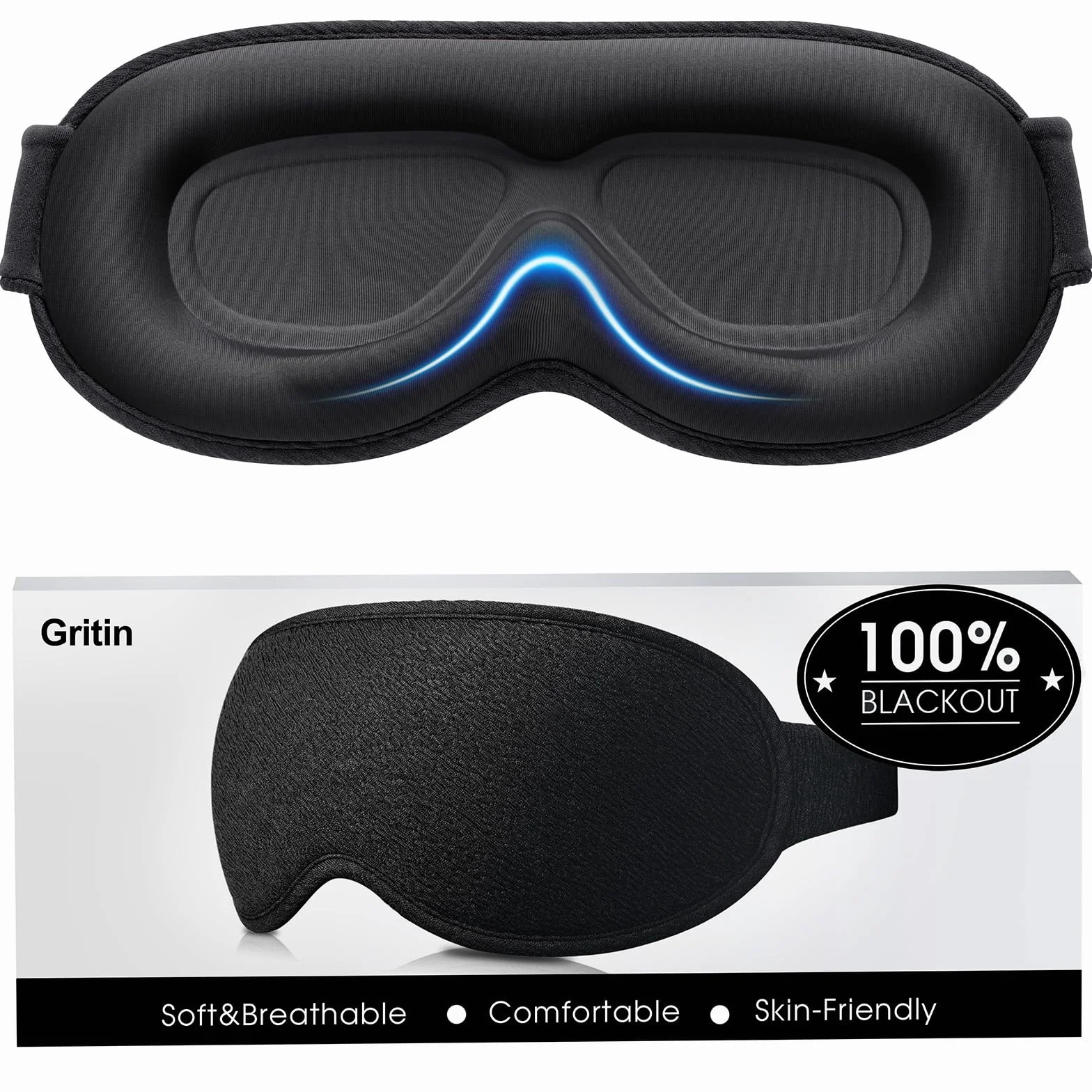 Gritin Masque de Nuit Occultant 100% Hommes Femmes, Masque de Sommeil Zero Pression Ergonomique 3D, Cache Yeux Ultra Doux Confortable