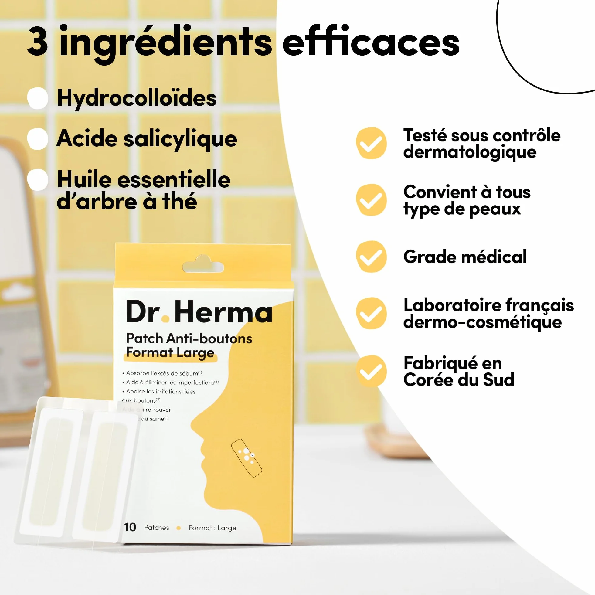 Dr. Herma Patch Anti Bouton XL Acide Salicylique Hydrocolloïdes Huile d'Arbre à Thé 10 patchs