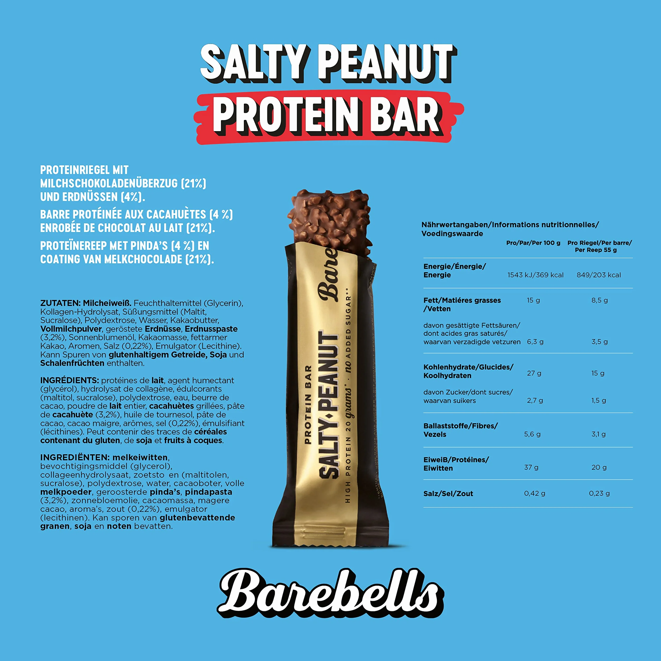 Barebells Barre de protéine 20g protéine 12x55g chocolat protein bars Salty Peanut