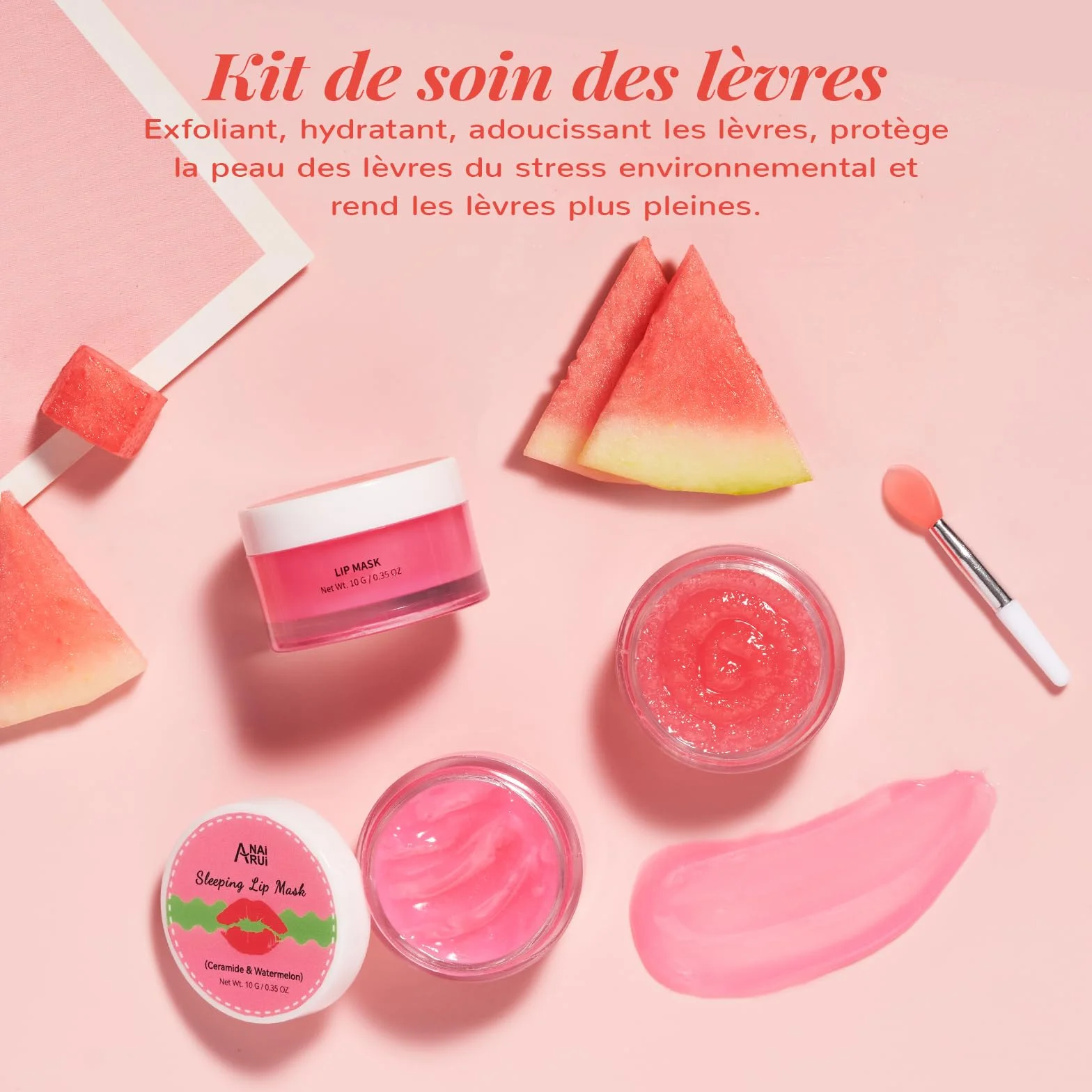 Coffret gommage et baume à lèvres, masque de nuit aux céramides et à la pastèque, soin lèvres sèches et gercées