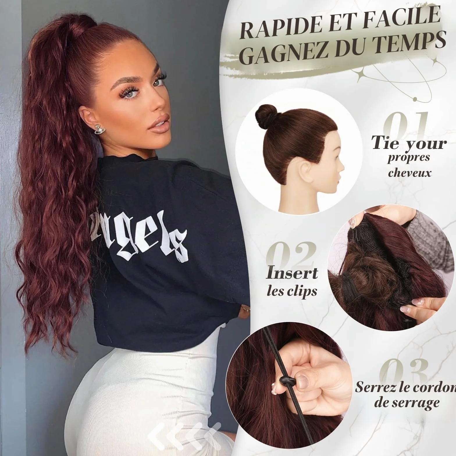 BARSDAR Rouge Cuivré Queue de Cheval Extension, 66cm Cordon Queue de Cheval Extension de Cheveux pour Femme, Longue Bouclé Ondulées Synthétique Clip en Queue de Cheval Postiche, Cowboy Rouge Cuivré