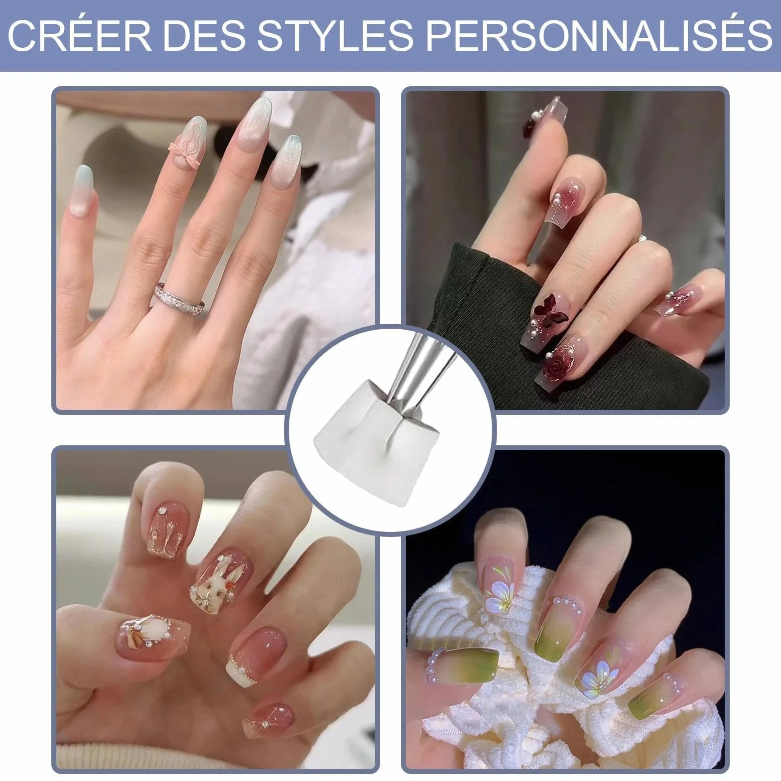 100 Pcs Eponge Ongle avec Pince Métallique Nail Art Brosse Éponge Remplaçables Outils de Rendu pour Motifs Dégradé