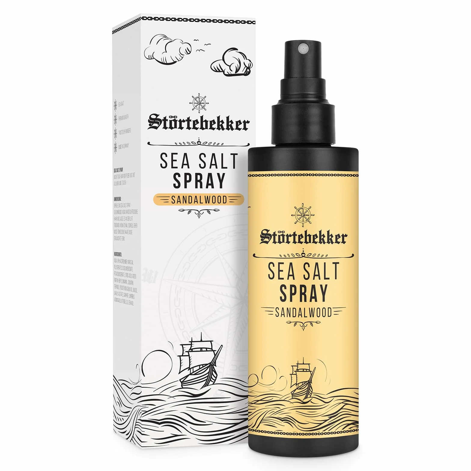 Störtebekker® Premium Sea Salt Spray bois de santal – Spray eau salée avec sel de mer naturel pour le volume, la brillance et la tenue flexible – Végétalien, sans silicone ni parabène (200 ml