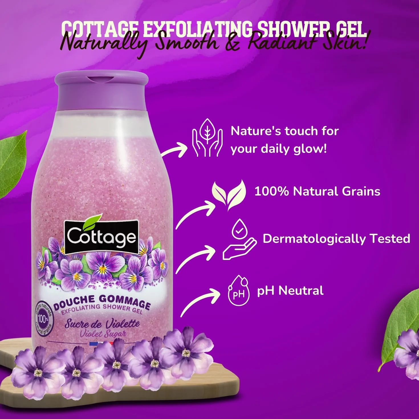 Cottage Douche Gommage Sucre de Violette Grains Exfoliants 100% Naturels