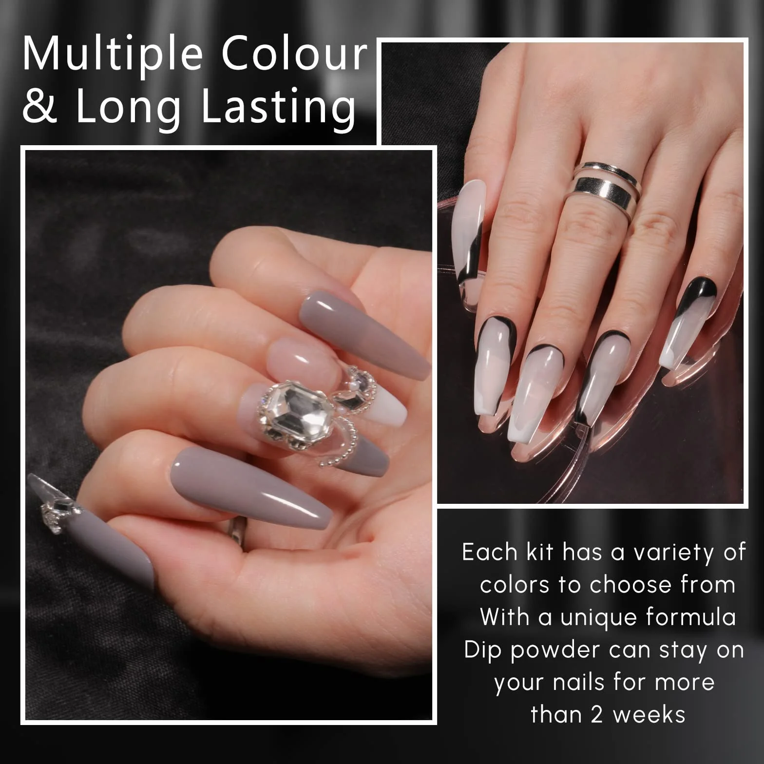 Aokitec Kit de Poudre à Ongles 14Pcs 8 Couleurs Noir Blanc Paillette Acrylique avec Pinceau Nail Art Manucure