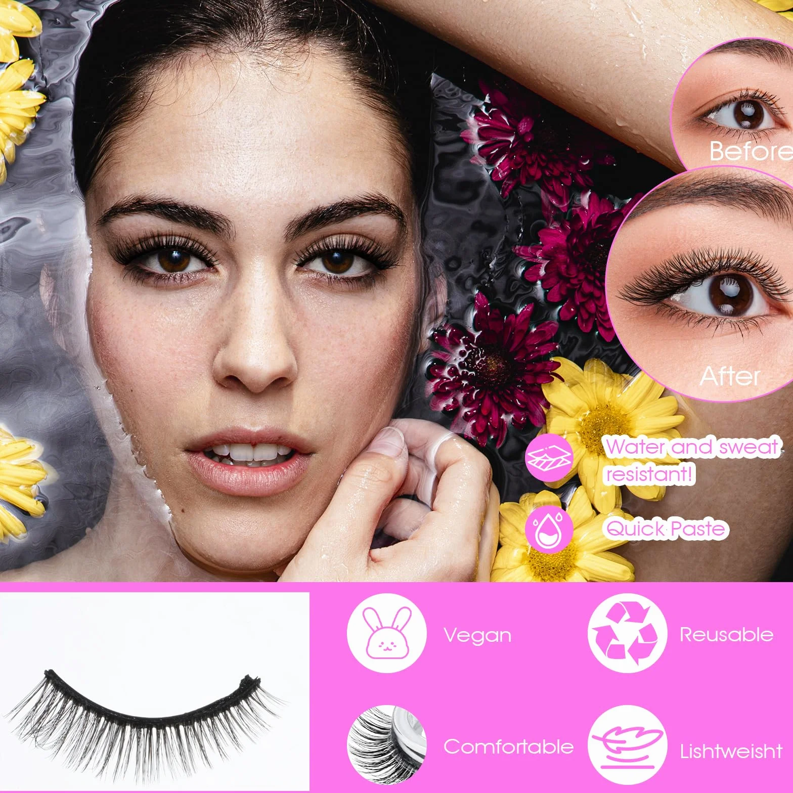 5 Paires Faux Cils Autoadhésifs Look Naturel Cil Pressés Sans Colle Réutilisables Pré-collés Imperméables Effet Œil de Chat Bandes de Cils 10-15mm