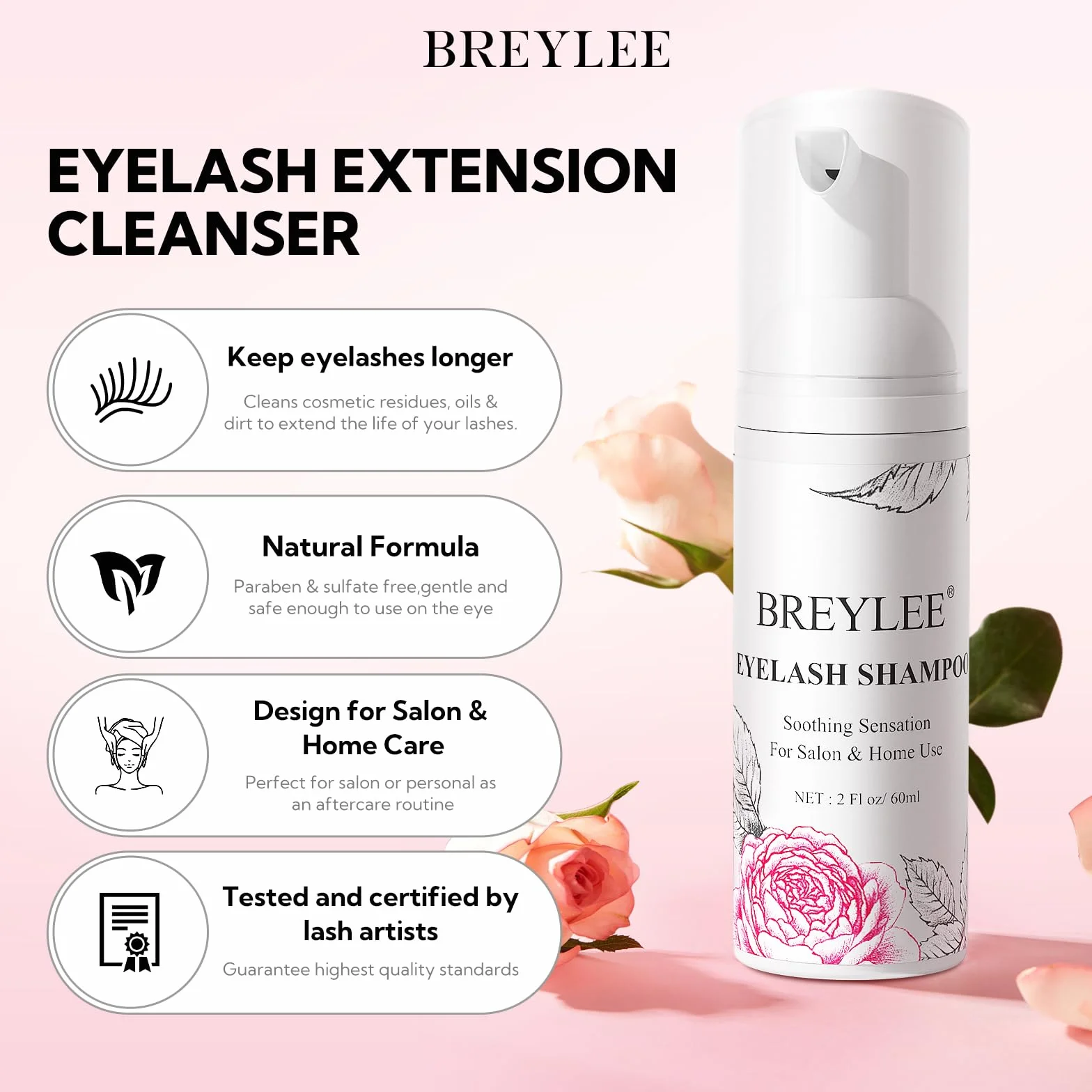 BREYLEE Shampooing pour cils 60 ml, nettoyant pour extensions de cils, sans parabène
