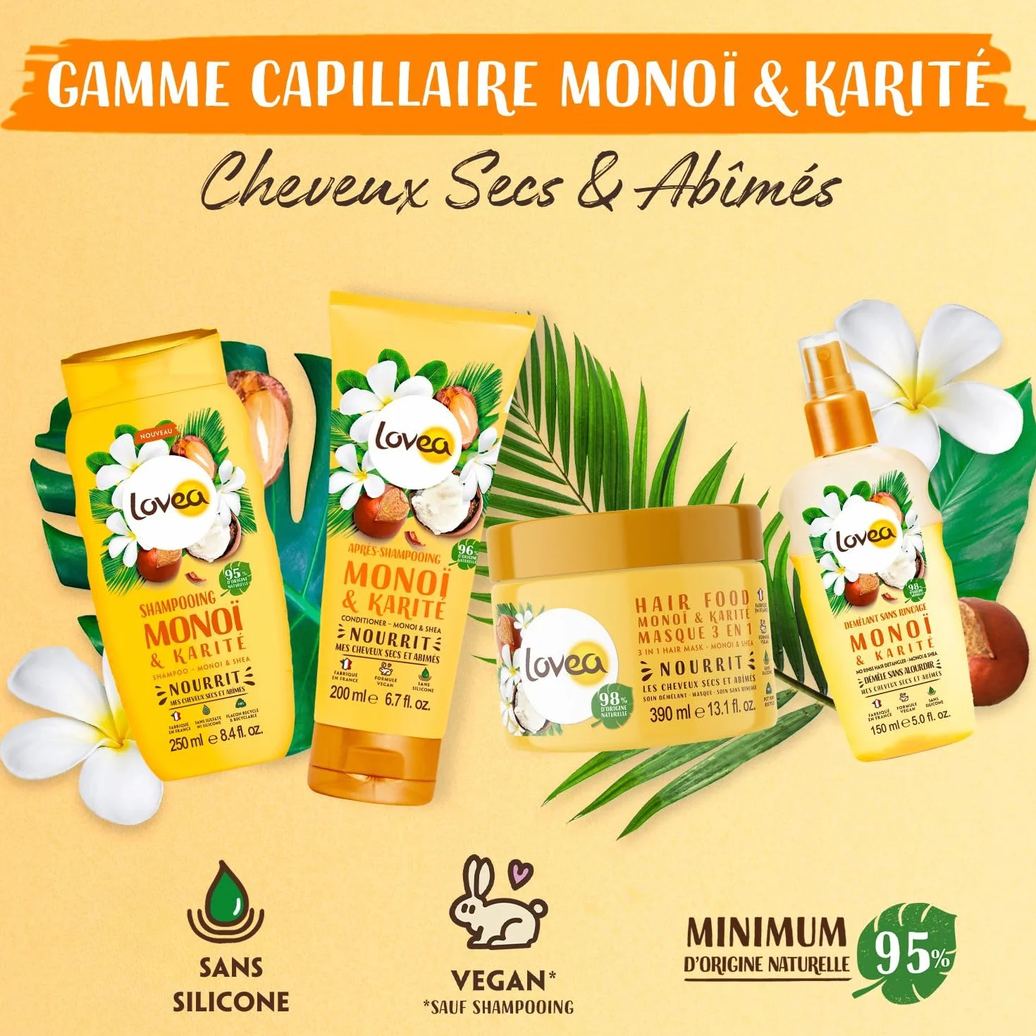 LOVEA Démêlant Sans Rinçage Monoï Karité Cheveux Secs Abîmés 150 ml