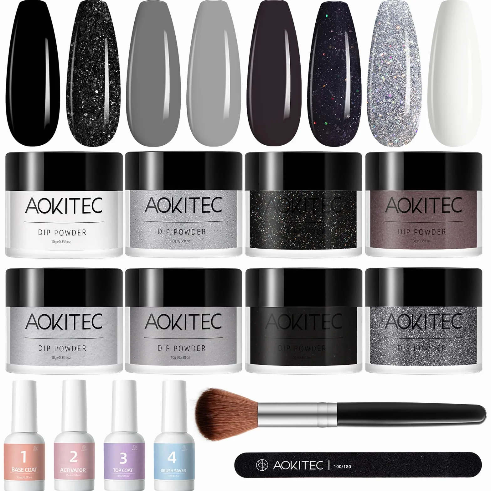 Aokitec Kit de Poudre à Ongles 14Pcs 8 Couleurs Noir Blanc Paillette Acrylique avec Pinceau Nail Art Manucure