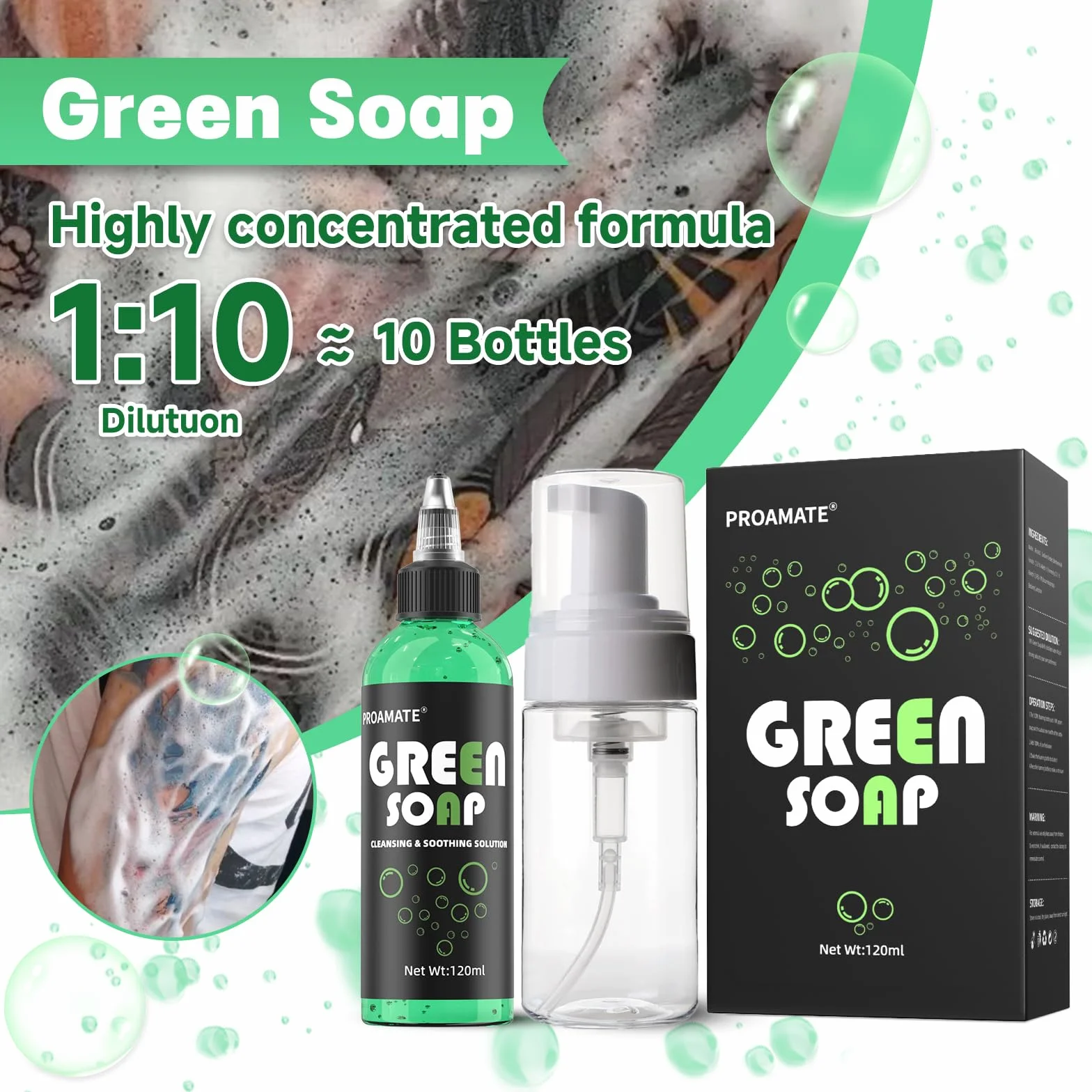 Proamate Savon de tatouage vert 120 ml avec bouteille en mousse fournitures de tatouage