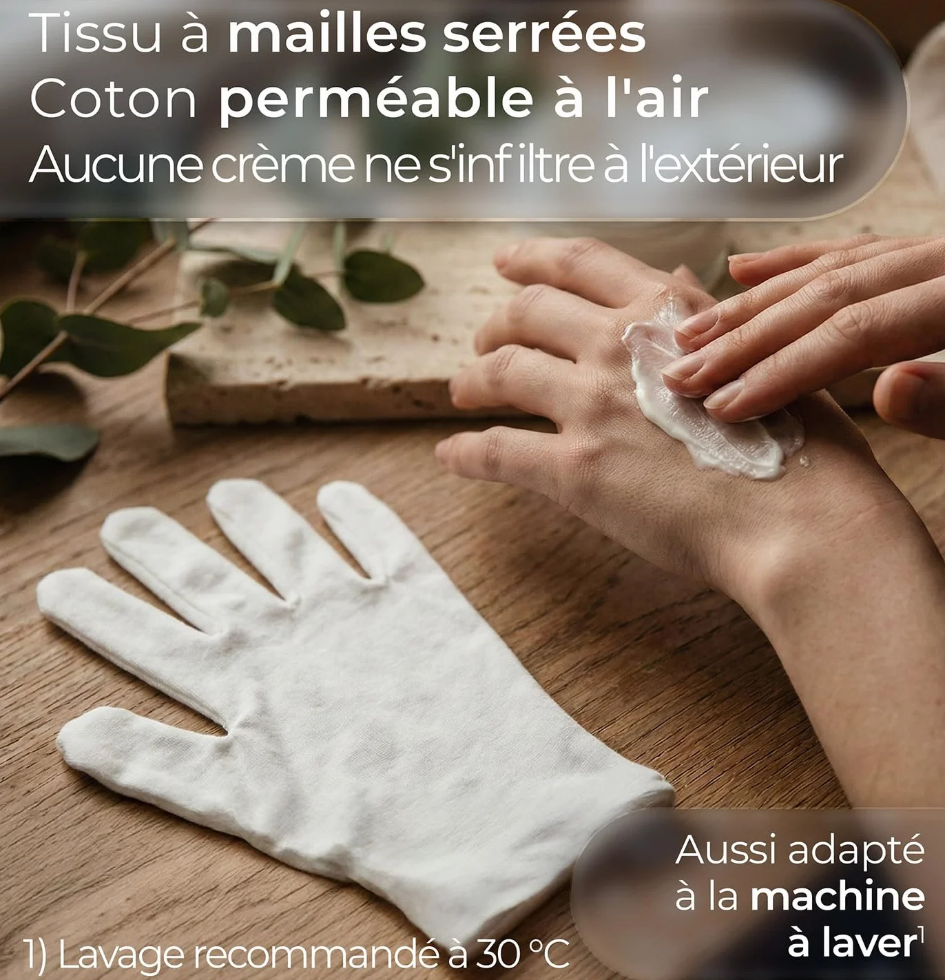 Gants coton blanc respirant pour peau sèche et sensible, dermatologique avec coutures renforcées, confortable jour et nuit - soins des mains