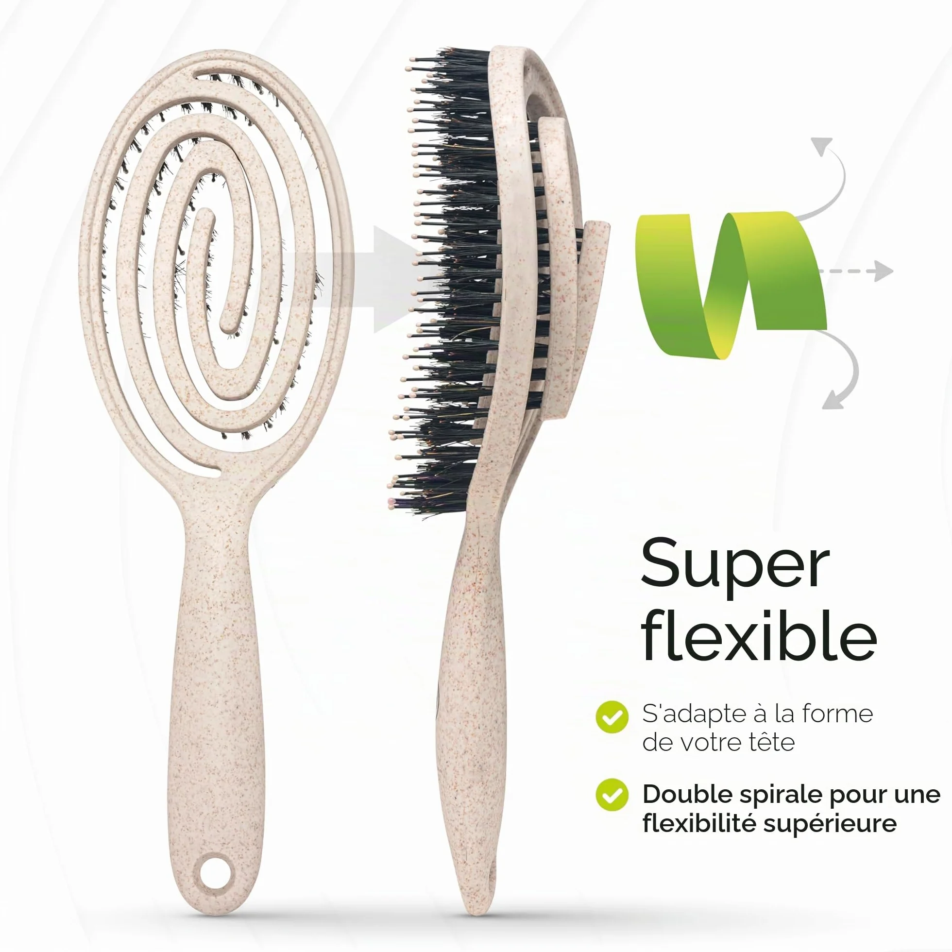 FABCARE Brosse Cheveux Poil Sanglier Démêlante Double Ressort Spirale Magique Sans Tirer Professionnelle Beige