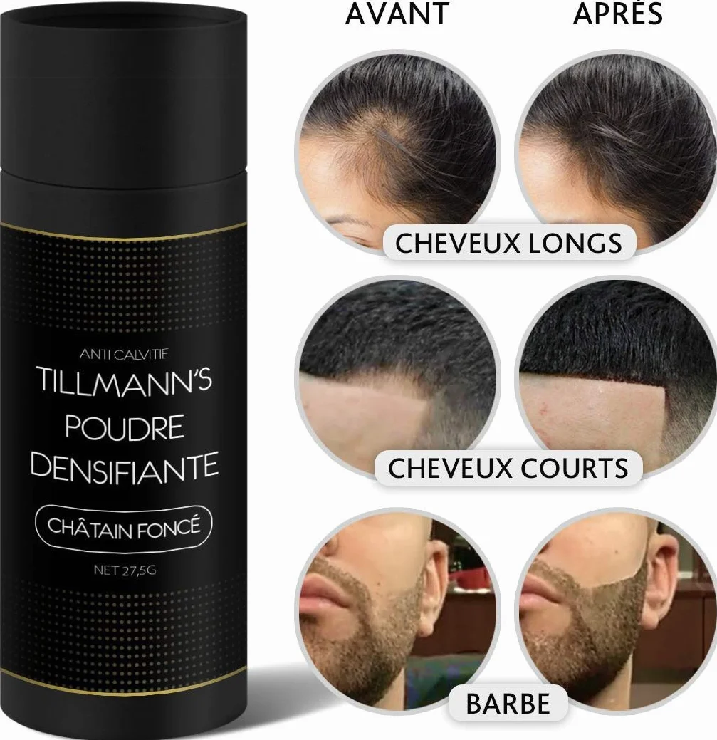 Tillmann's Poudre Cheveux Homme et Femme - Poudre Densifiante Barbe | Fibres Capillaires 27,5G - Châtain Foncé-Brun (2 Bouteilles)