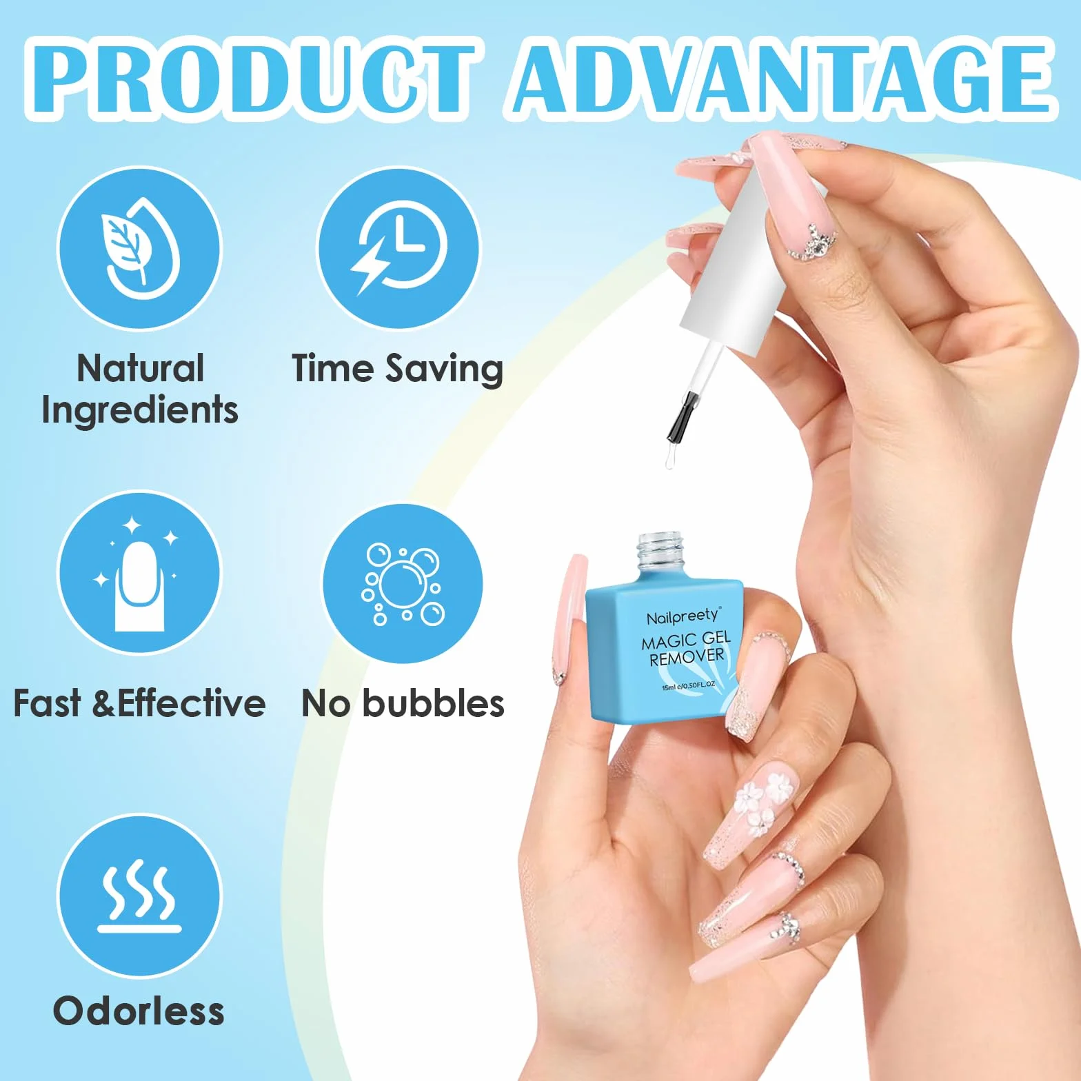 Dissolvant Vernis Semi Permanent 15ml, Gel Nail Polish Remover 3-5 min, avec Lime à Ongles et Cuticle Pusher