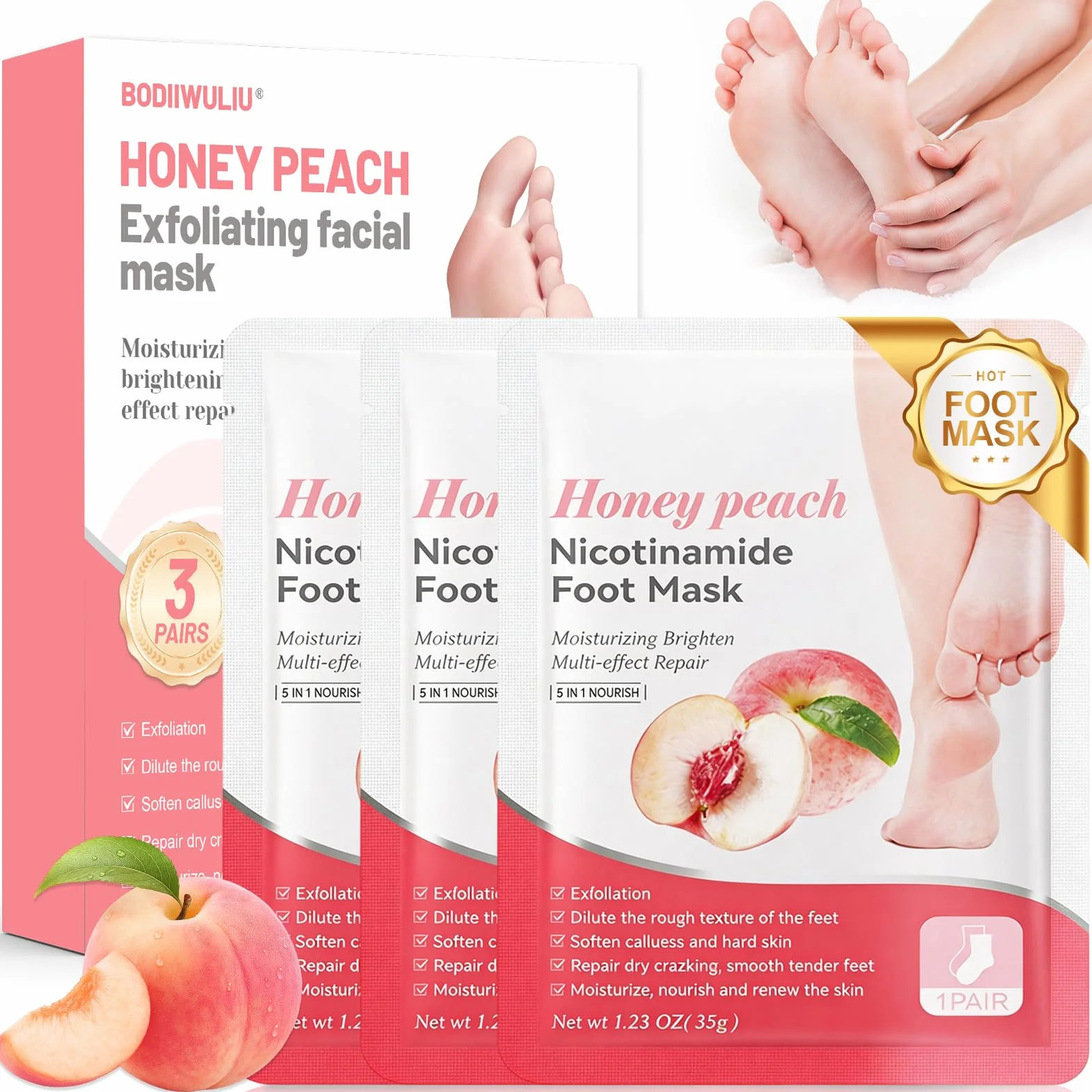 Masque Pied Peeling Pêche 3 Paires, Exfoliant Pieds Talons Peau Morte Sèche pour Pieds Doux