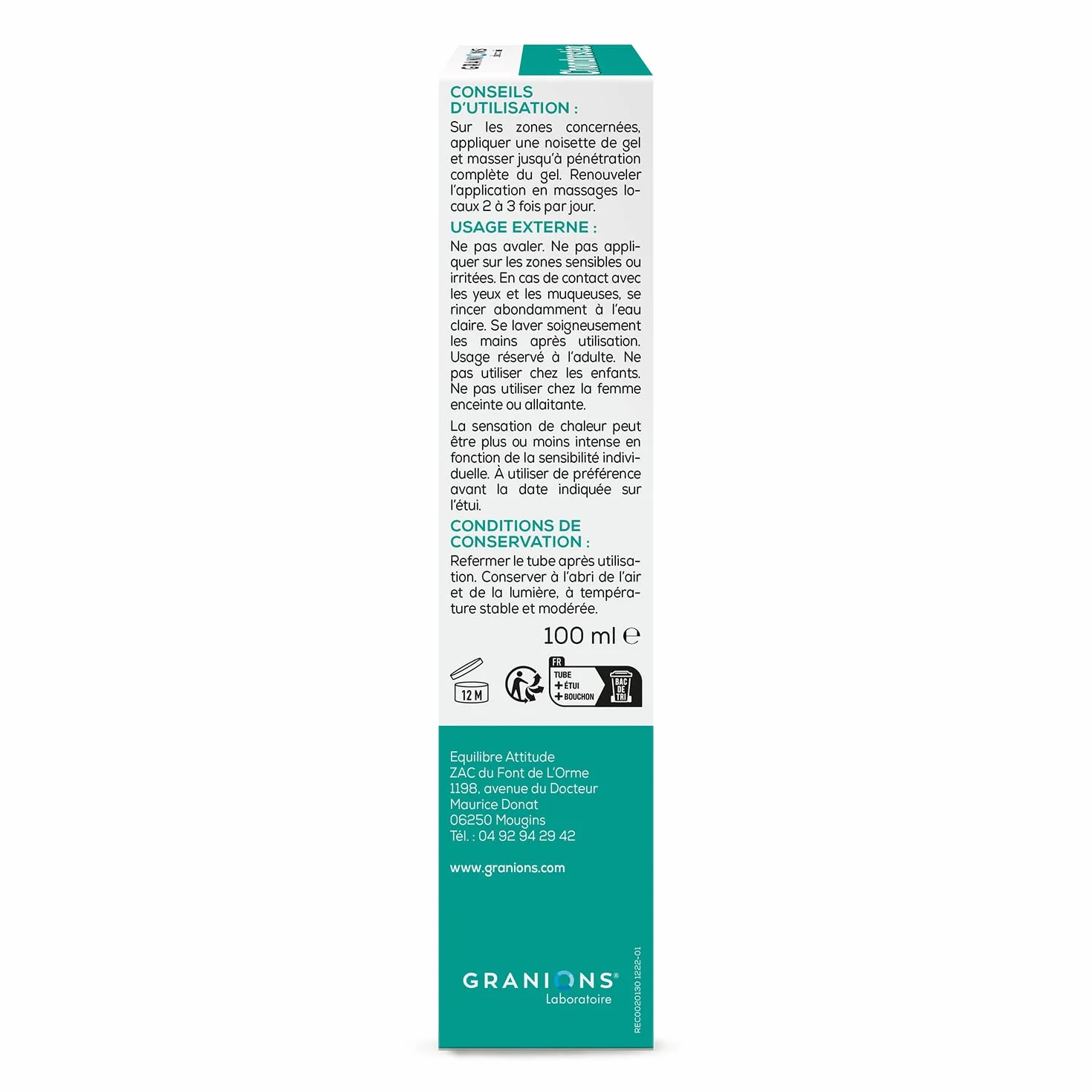 GRANIONS Chondrostéo Gel de Massage Chauffant Décontractant Musculaire Fort Articulations & Muscles Huiles Essentielles 100 ml