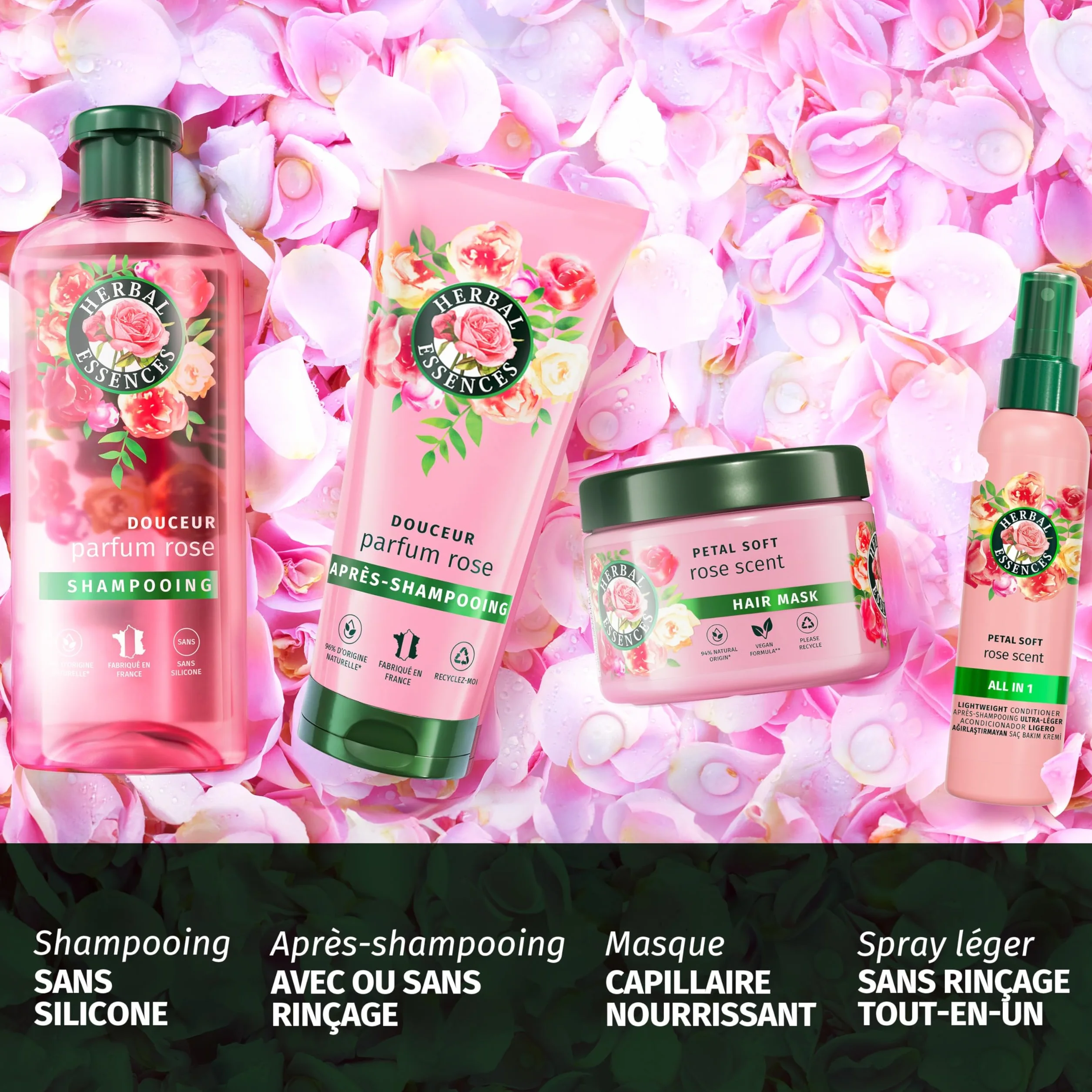 Herbal Essences Parfum Rose Douceur Spray Léger Tout-En-Un 145ml Démêle Nourrit Anti Frisottis Répare Protège Chaleur Éclat